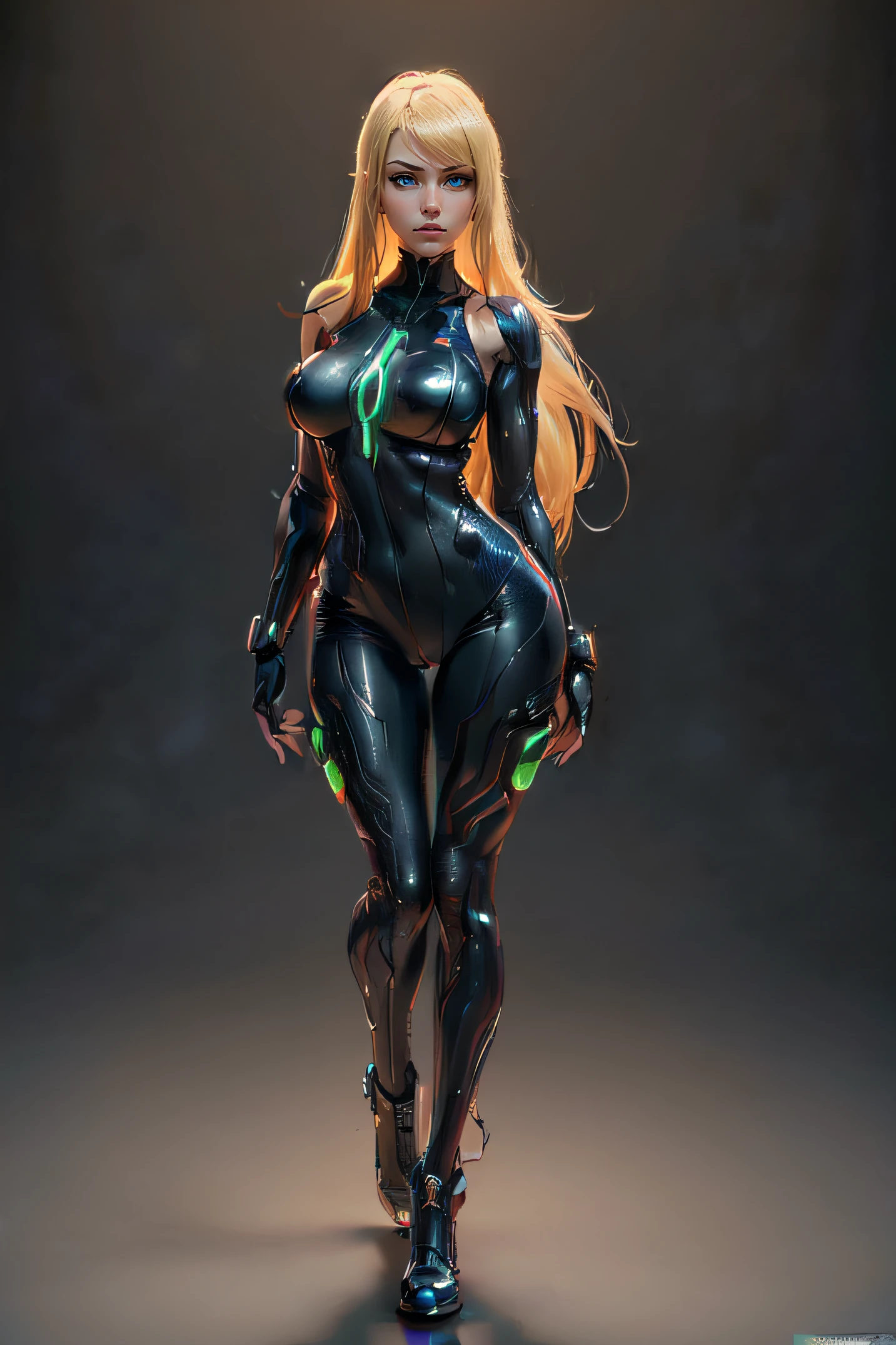 "Samus Aran, with a highly detailed face, giving a seductive and captivating look, directly looking at the camera, showcasing expressive blue eyes."