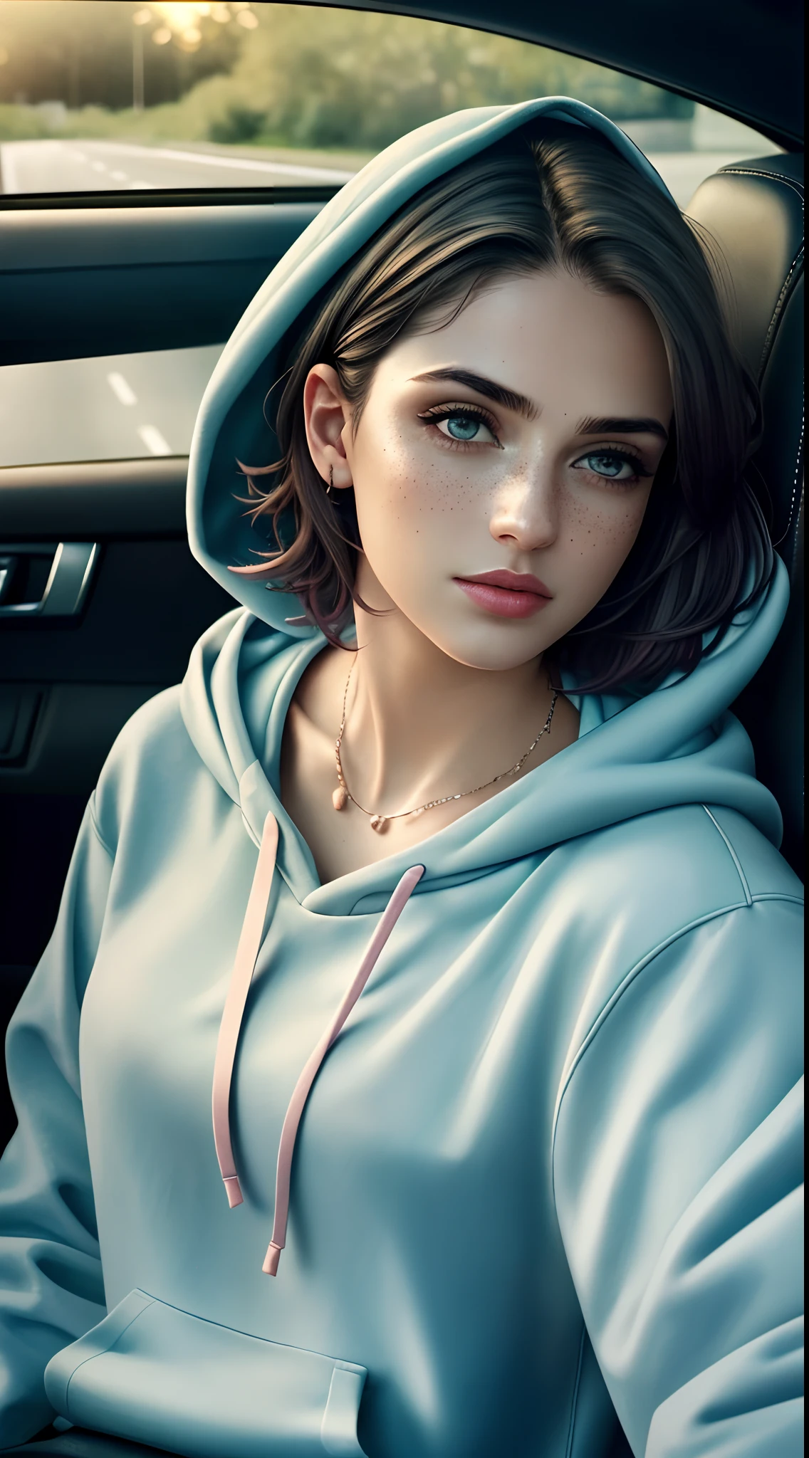RAW photo, a 22-year-old-girl, upper body, selfie in a car, blue hoodie, (raecmbr-2650:0.9), (r4ec4mbr4:0.95), (1girl), (realistic), (photo-realistic:1.5), inside a car, driving, lipstick, freckles, (short hair), multicolor hair, necklace, (RAW photo, 8k uhd, film grain), Sharp Eyeliner, Blush Eyeshadow With Thick Eyelashes, extremely delicate and beautiful, 8k, soft lighting, high quality, highres, sharp focus, extremely detailed, during the day, (sunlight on face), beautiful detailed eyes, extremely detailed eyes and face, masterpiece, cinematic lighting, (high detailed skin:1.2), 8k uhd, dslr, soft lighting, high quality, film grain, Fujifilm XT3