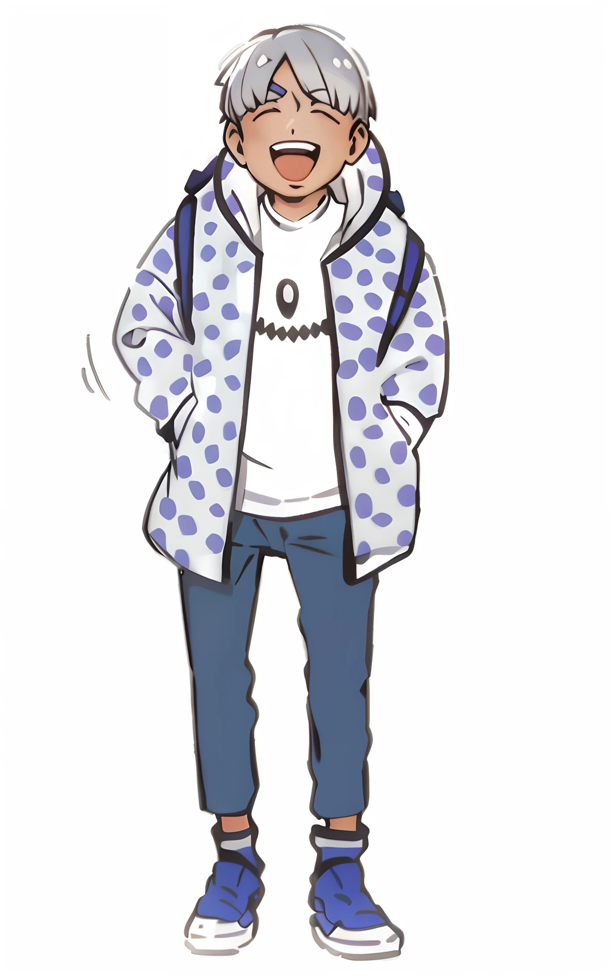 sugimori ken \(Style\), 1boy,White color hair,White top,blue trouser,white backgrounid,view the viewer, Nintendo, offcial art, Pokemon, Pokemon \(gaming console\), Pokemon SWSH, Light smile, Pokémon character style,sugimori ken, tart \(Illustrator\), Thighs, Stand next to Pokemon \(organism\)