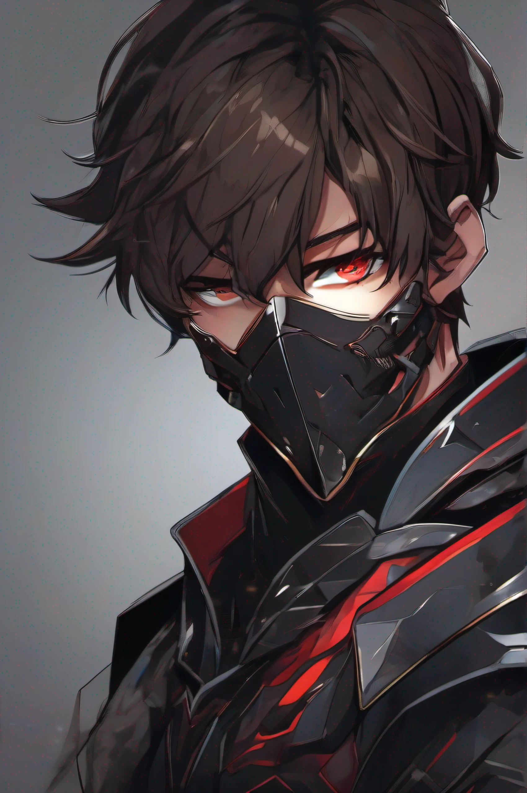Thick propylene illustration,illustratio,a handsomeboy,brunette color hair,red eyes,Gloomy expression,Wearing a black mask,Flashy clothes,Black armor,deep dark background,High-quality color scheme,super rich detail,8K,Best quality at best,head portrait