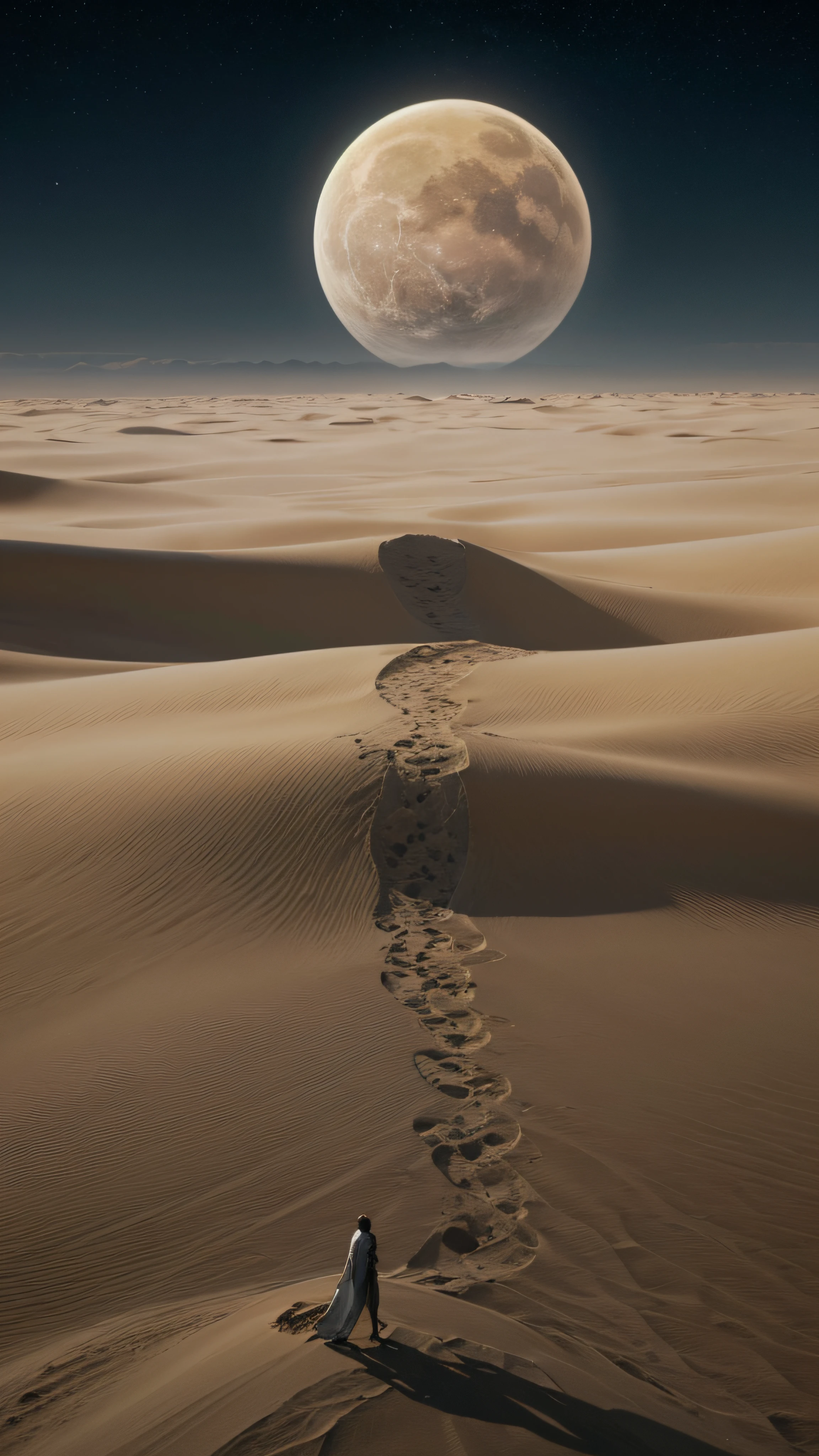 A desert， pyramid， cyber punk perssonage， epcot， Pink moon， Two moons，glddrp， landscape shot：1.2，A desert，A desert，A desert，Endless desert，Dark style，Gray sandstorms，Dimly lit sky，galactic，Bones in the desert，Desert ruins，Remnants of an ancient civilization in the ghost starry sky，Mystery novel style，Mysterious aperture，The existence of God，Miracles，High latitudes，Desert of death，suspenseful，Ancient ruins，ultra-realistic realism，Sand in the shape of a huge skeleton in the distance，Skeleton Dunes，A huge sand dune in the shape of a skeleton in the distance，Skeleton Dunes，Skeleton shaped rock，Sand dunes in the shape of skeletons，A string of footprints，A long trail of footprints，Finally gone，Human footprint，Footprints in the desert，Skeleton shaped rock，Sandstorm in the shape of a skull，deathia，A skull composed of wind sand，mistic，Ancient ruins，camelstoe，hyper ornate，Extra-long field of view，mystical sky、Need、tmasterpiece、illustration、the wallpaper、hoang lap、bird's eyes view、bird's eyes view：0.3，Need、tmasterpiece、illustration、the wallpaper、hoang lap、bird's eyes view、bird's eyes view：0.3