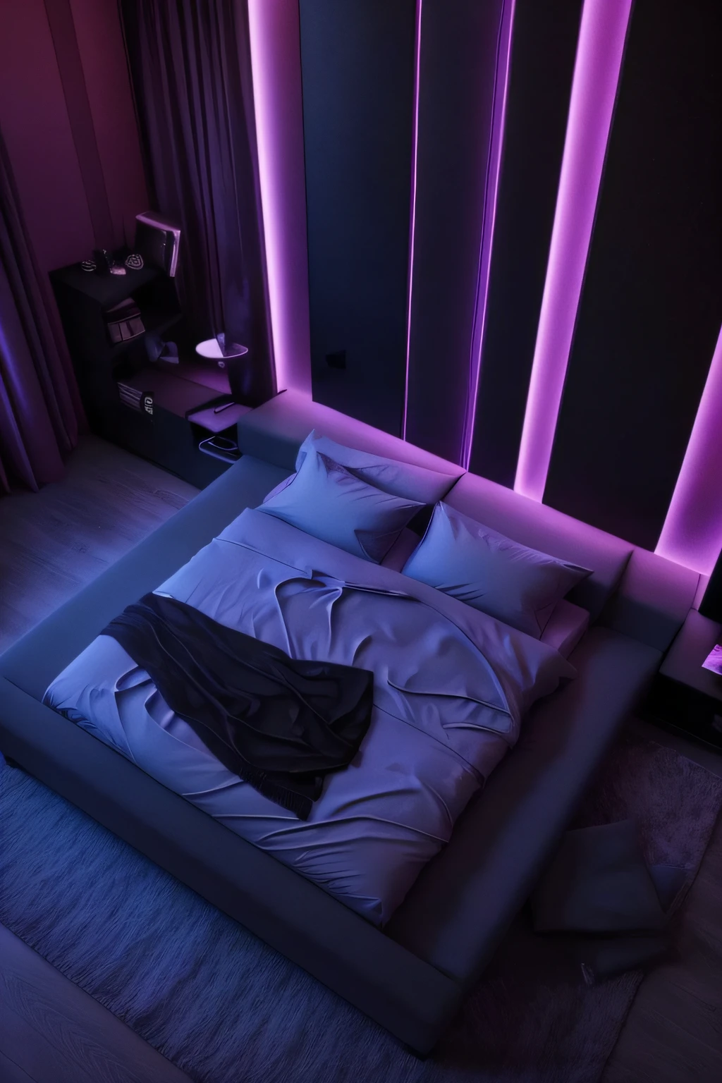luzes roxas iluminam uma cama em um quarto escuro, luz ambiente roxa, soft neon purple lighting, dramatic neon lighting, with neon lighting, purple color lighting, neon ambient lighting, cool purple lighting, purple accent lighting, dramatic colorful lighting, Bright purple room with bright lighting, Cyberpunk Room at Night, extremely moody purple lighting, Cool purple gray lighting, Vibe and ioyful lighting