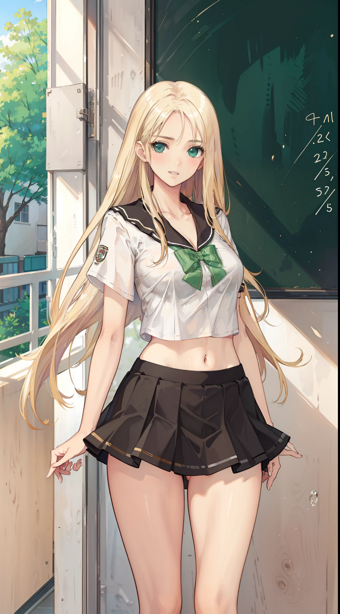 blonde hair, long hair, green eyes, happy, school uniform, short skirt, medium breast, cleavage, classroom, slim legs, navel, open clothes