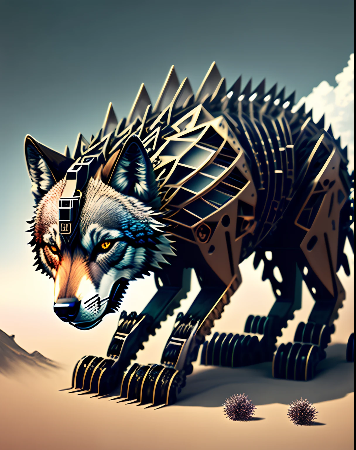 a half-machine, half-nature wolf with a body composed of intertwining tendrils of metal and organic matter