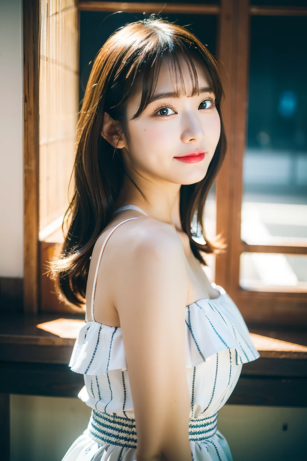 best quality ,masterpiece,ultra high res,(photo realistic:1.4), 1 girl, looking at viewer, Wearing Bandeau Dress, korean famous actress, very beautiful,kawaii, Cinematic, 35mm lens, f/ 1. 8, accent lighting, 8k, in Japan