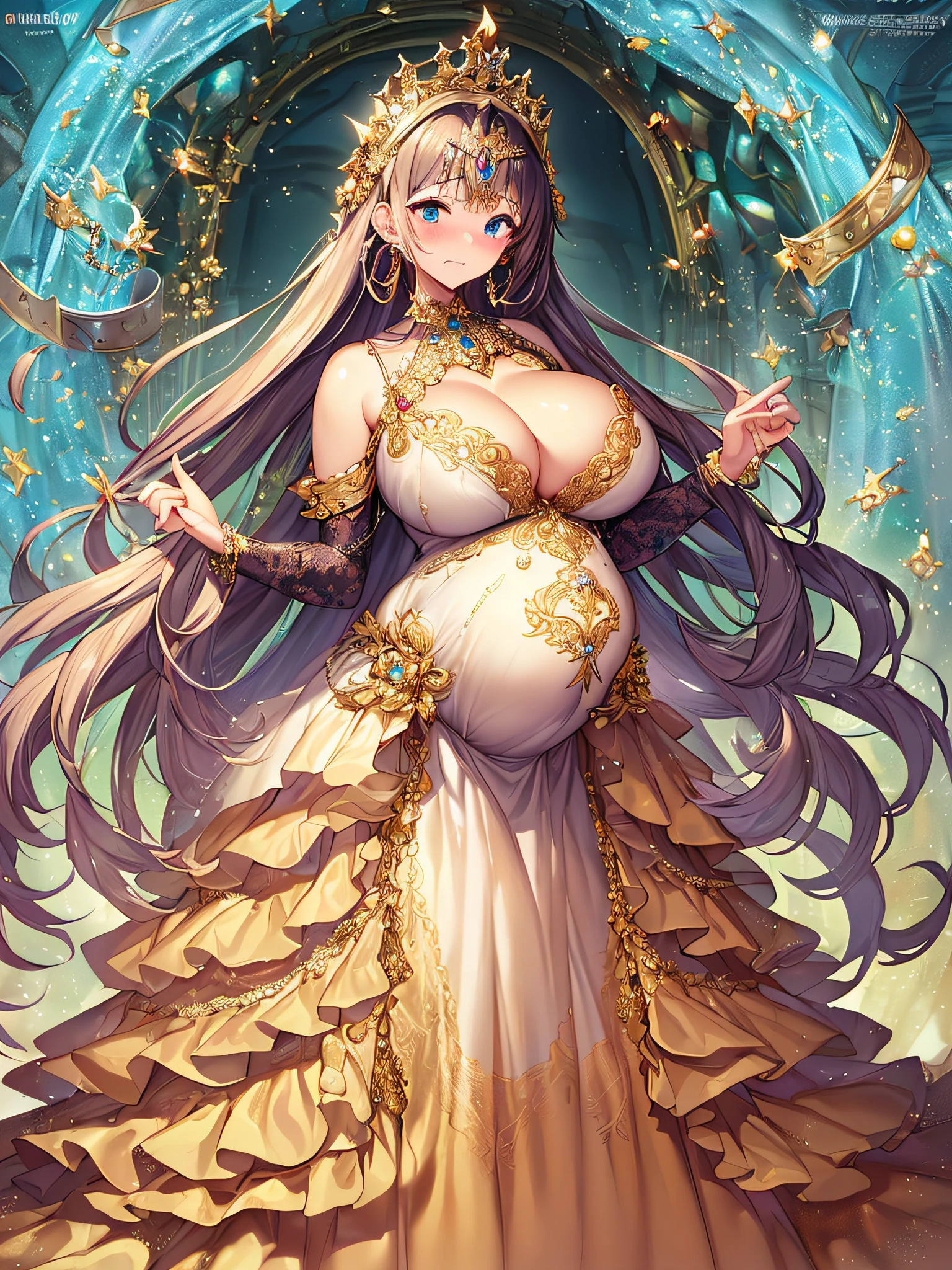 ((anime artstyle)),(Masterpiece),(Best Quality), (Super Detail),((Very Delicate and Beautiful)),(((Solo))),((full body)),(((1 bling-bling pregnant princess in beautiful embroidery and jeweled gorgeous rococo ball gown dress with voluminous full length hoop skirt))),(((heavily pregnant))),very big pregnant belly,((bling-bling)),Long train,(bling-bling gorgeous gemstone jewelry),detailed face and eyes,jewel-like eyes,cry,((embarrassed)),((large amount of straight hair,extremely voluminous Very Long Hair,Very Long Straight Hair)),(((gigantic tits,Long tits))),cleavage,(gorgeousfull embroidery and lace),gorgeous corsage,See-through,extremely gorgeousfull hair ornament,((bling-bling extremely gorgeousfull jeweled tiara)),ornate ruffles,(hoop skirt,crinoline),((Dynamic Angle)),Looking at viewer,((full body)),((beautiful embroidery and jeweled extremely gorgeous rococo ball gown dress with voluminous full length hoop skirt))