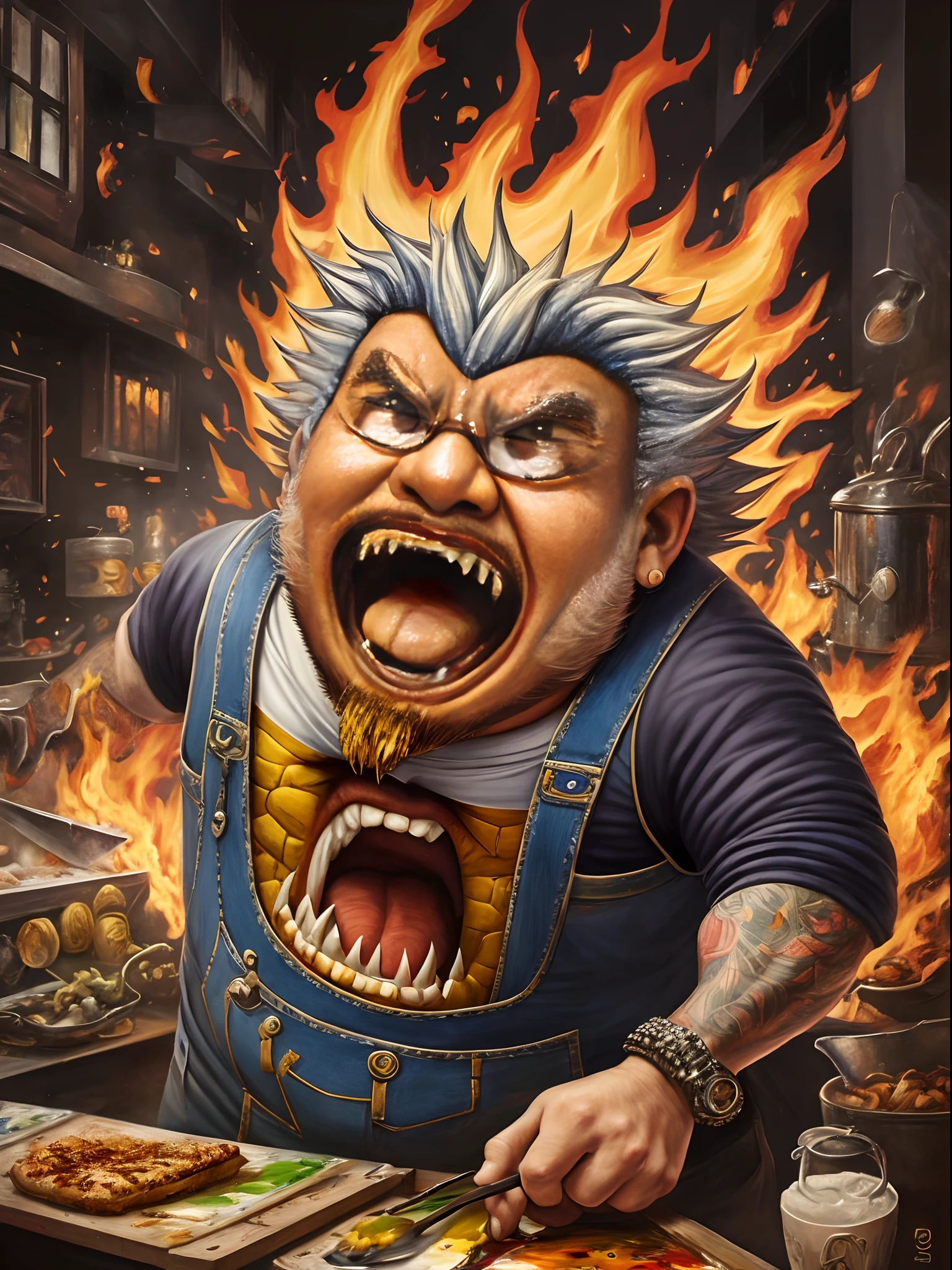 Guy Fieri as a grotesque minion shrieking and gnashing his large sharp teeth, painting by Amnon David Ar --auto --s2