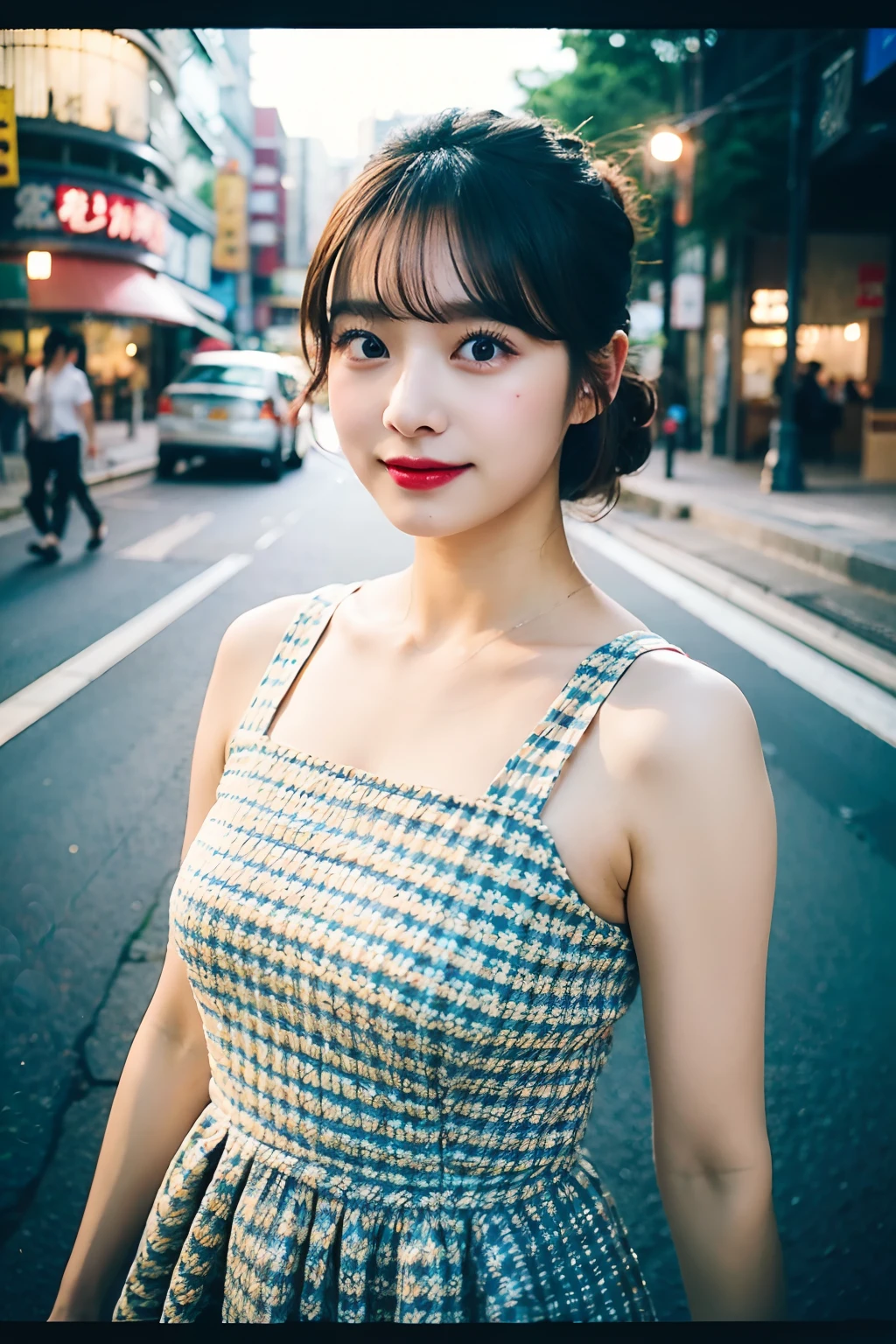 best quality ,masterpiece,ultra high res,(photo realistic:1.4), 1 girl, looking at viewer, Wearing Bandeau Dress: 1.1, korean famous actress, very beautiful,kawaii, Cinematic, 35mm lens, f/ 1. 8, accent lighting, 8k, in Japan