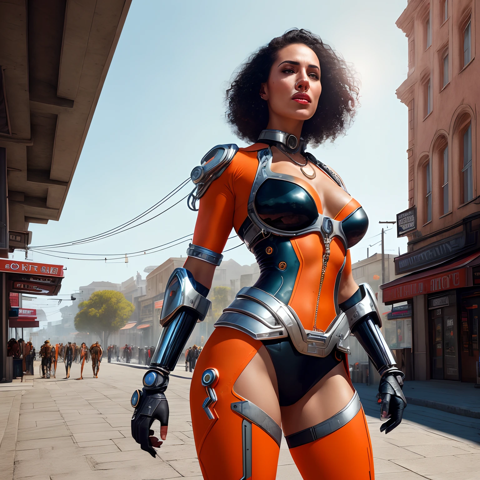 RAW, (masterpiece), (ultra detail),(best quality), (photorealism)[scenery of the invasion of an Old West city by ships and cyborgs, a cyborg woman stands out]. (1girl), (Approximately 30 years old, her white and luminous skin contrasts with the small town environment). (Her black hair), neatly tied up. (highly detailed), (fine face details), (Her square face shape is defined by a large, straight nose and full lips that enhance a harmonious union of humanity and technology). (She has two-colored eyes), one of which is cybernetic and red, which emanates a mesmerizing glow, capturing everyone's attention, and the other is completely black. (realistic details), (Dressed in a predominantly white bathing suit with orange accents, a futuristic silver belt, she wears a silver hoop necklace around her neck: 1.2), adding a touch of elegance and technology to her presence. (fine details), (best quality),(realistic textured skin), her slender triangular body features toned muscles that show her strength, medium breasts, (with voluminous buttocks that add an aura of power:1.2). (While the light of the setting sun highlights every detail of her costume and accessories, the cyborg stands out as a fascinating and enigmatic figure: 1.4). In the turmoil of the invasion, her presence through the street of the old town stands out, personifying the unique combination of realism and science fiction. she is walking down the street. Her distinctive features and imposing physical form make her an impressive and captivating figure in the dynamic setting.