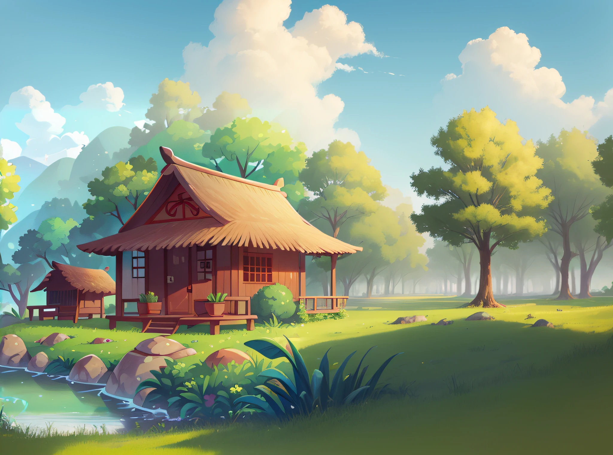 the trees，grassy fields，grassy，blue-sky，baiyun