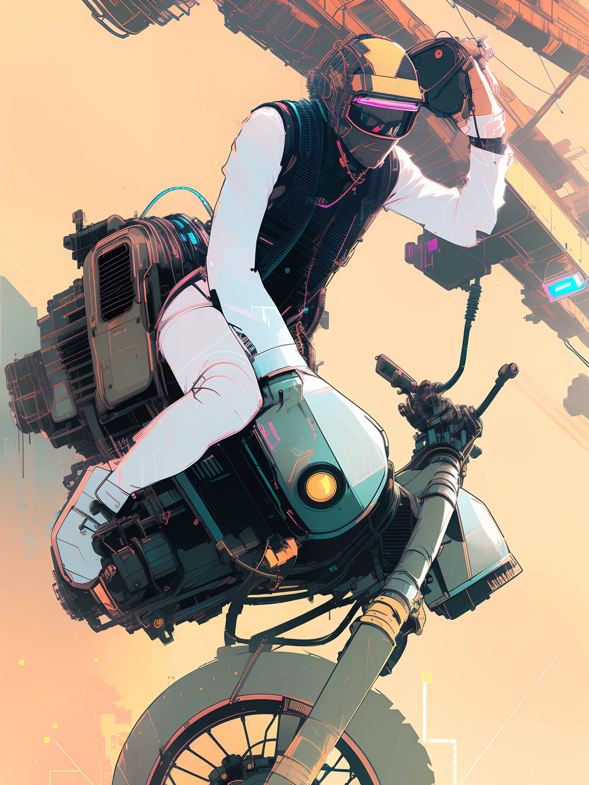 (nvinkpunk:1.2) snthwve style motorcyle, lightwave, sunset, intricate, highly detailed