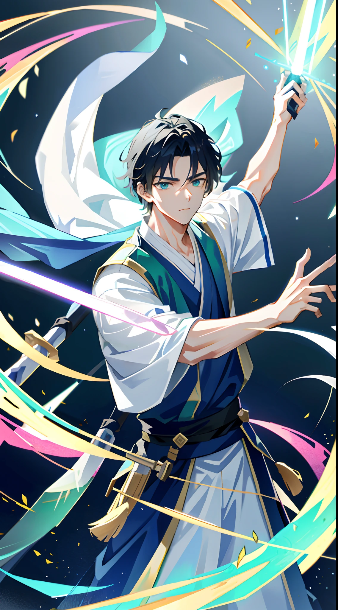 Chinese male swordsman,Ancient Chinese Cold Weapon Sword 1.4,dressed white hanfu,had his hands folded,green grass background,The silver longsword floated overhead,Swirling cyan glow,Essence Immortal 1.5,Tyndall effect,Glow effect,Anime art style,romantic landscape,Meticulous brushstrokes,Realistic pop music,New School Beast,Knolling,8K,rainbow Sunlight、Reflected mirror、Floating sword fragments、A vortex of 20 lightsabers、Neatly arranged,Fantastic landscape, Starlight around the character