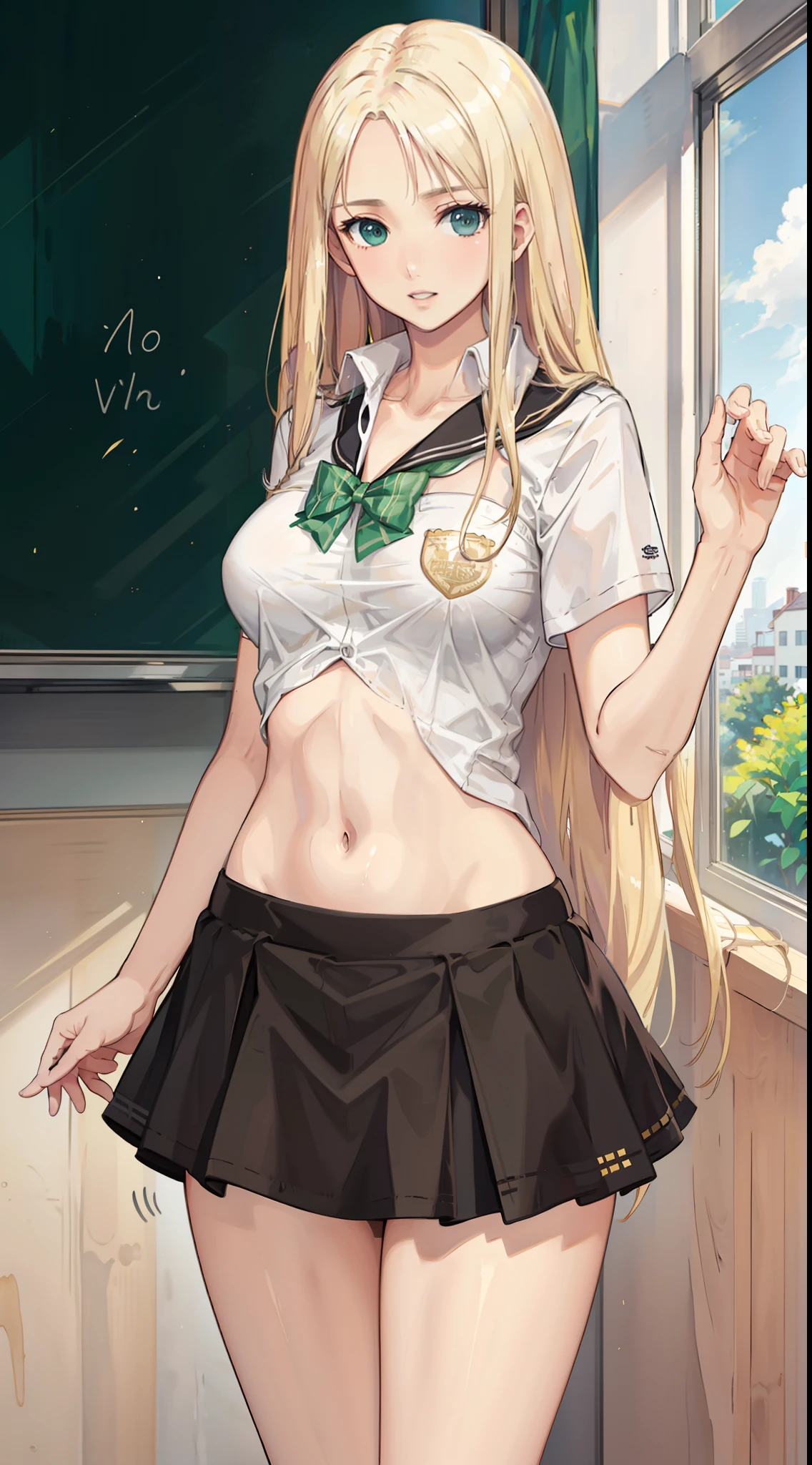 blonde hair, long hair, green eyes, happy, school uniform, short skirt, medium breast, cleavage, classroom, slim legs, navel, open clothes