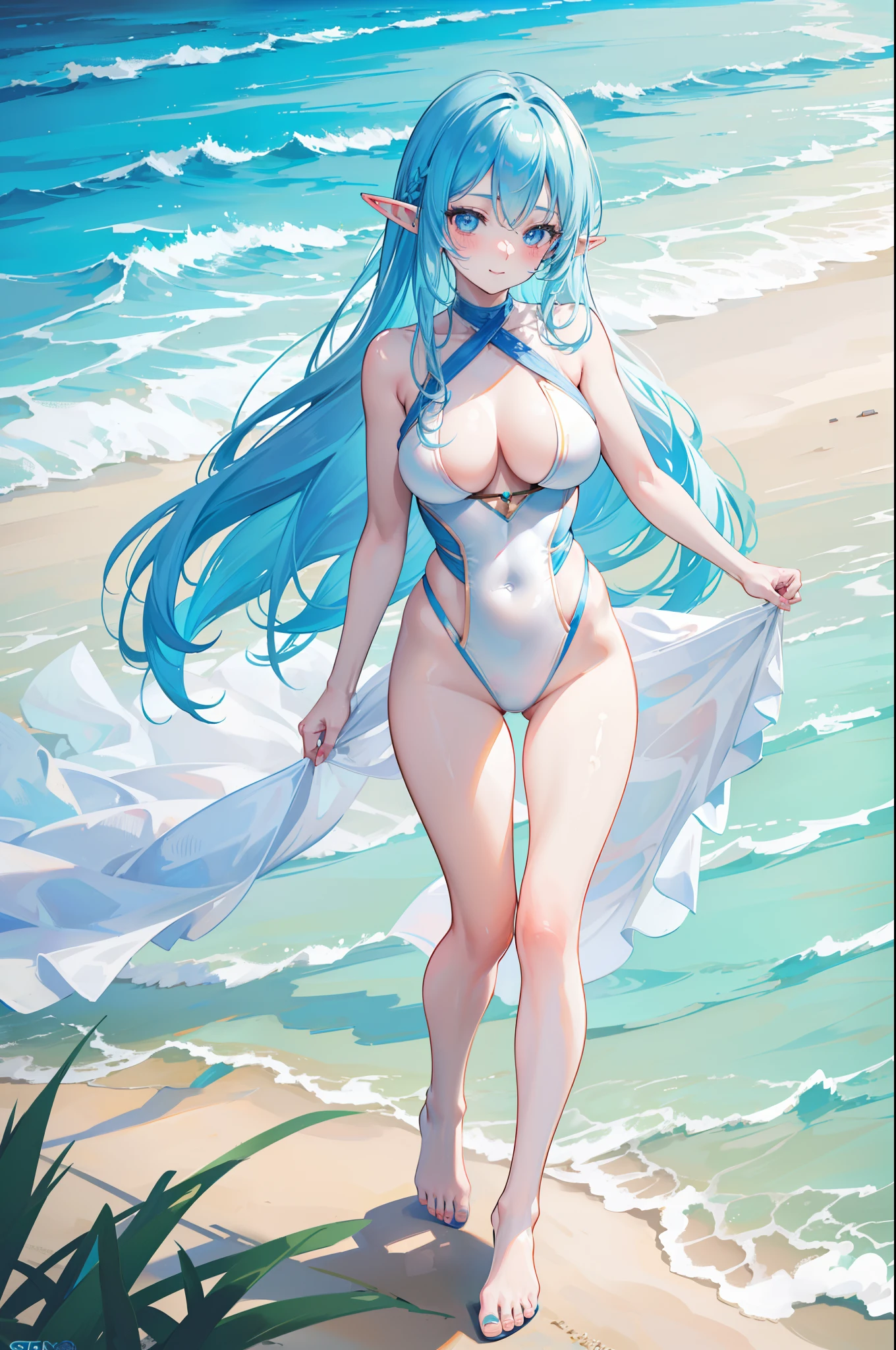 woman with blue hair, ((elf ears)), smiling, blush, long hair, (white swimsuit), (extremely detailed face), sun shining, realistic lighting, full body, (looking into camera), (realistic camera angle), (on sandy beach), standing, leaning towards camera, (((masterpiece))), (((ultra high quality, 8k)))