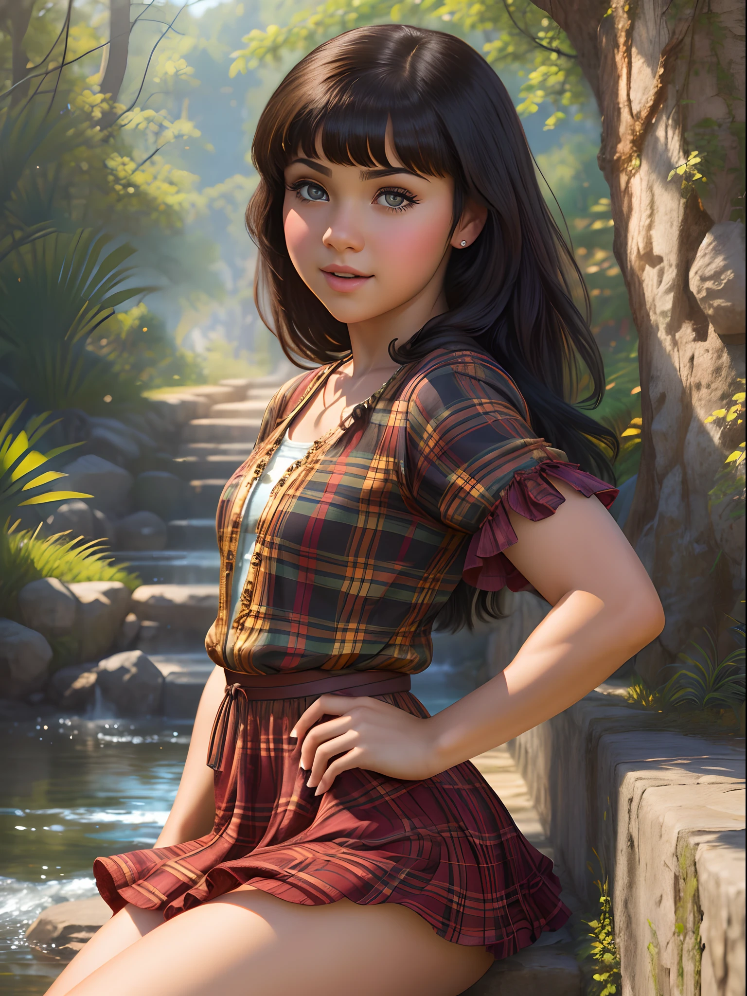 Cute little Isabelmoner-SMF, Dora with black hair in a plaid dress, Hyper-realistic, insanely detailed, Gaston Bussière's style --ar 3:4 --s 750