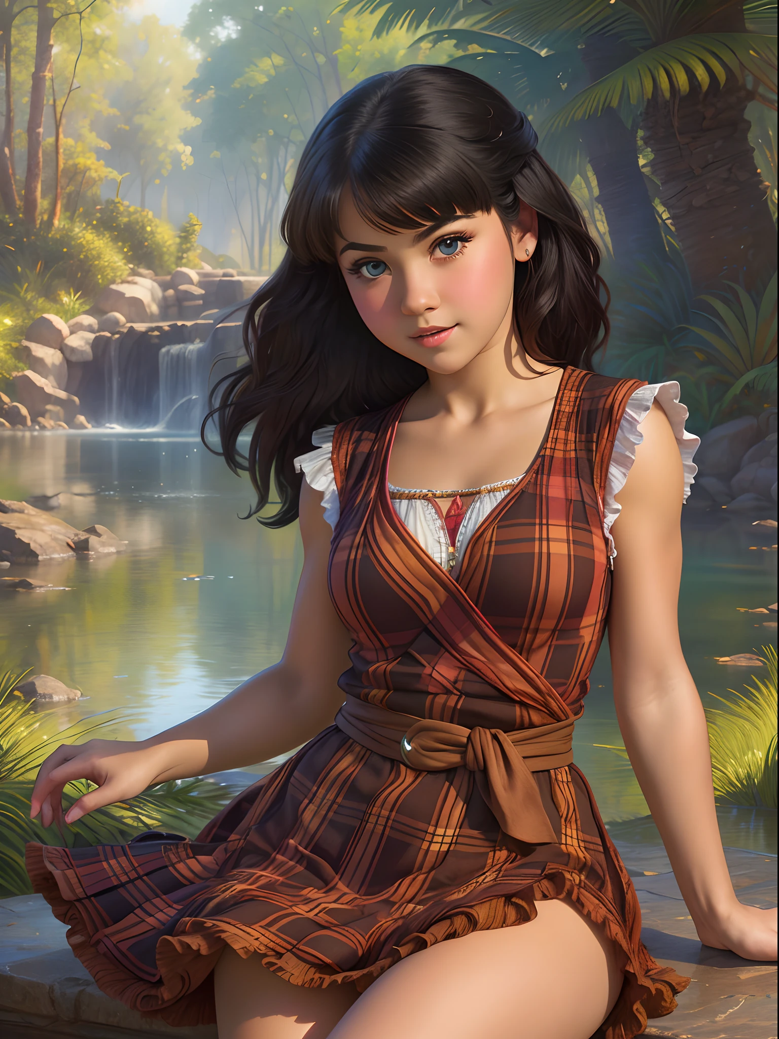 Cute little Isabelmoner-SMF, Dora with black hair in a plaid dress, Hyper-realistic, insanely detailed, Gaston Bussière's style --ar 3:4 --s 750