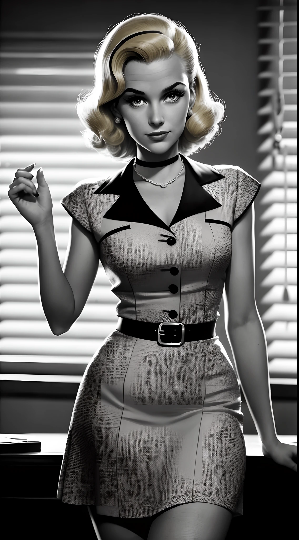 Black and white photo of young RoxieCipher with 1950s blonde hair, wearing a vintage 1950s aline dress, dark office, slatted blinds, femme fatale from a film noir, Robert Siodmak, cinematic lighting, atmospheric, nostalgic, 35mm, depth of field