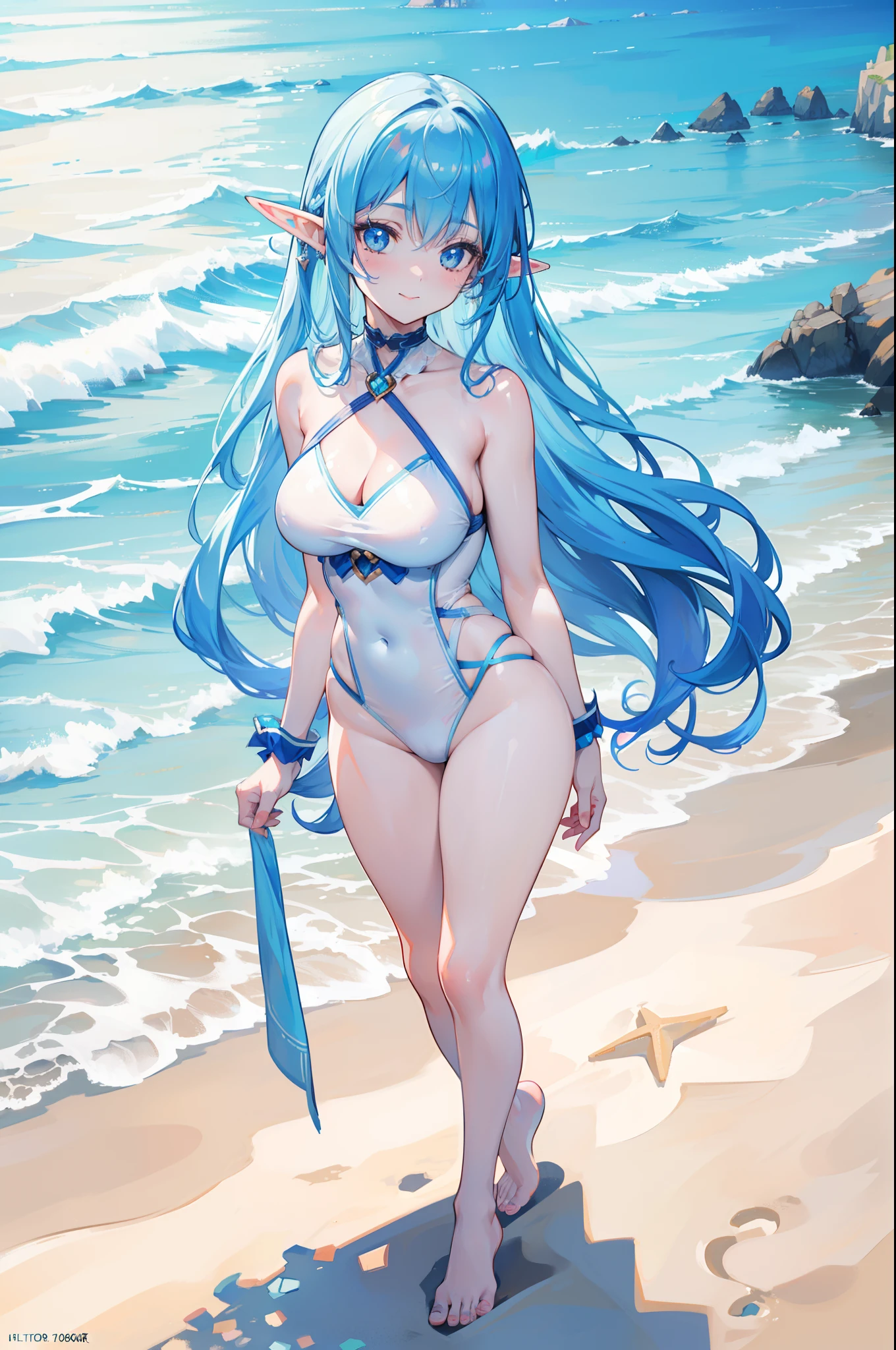woman with blue hair, ((elf ears)), smiling, blush, long hair, (white swimsuit), (extremely detailed face), sun shining, realistic lighting, full body, (looking into camera), (realistic camera angle), (on sandy beach), standing, leaning towards camera, (((masterpiece))), (((ultra high quality, 8k)))
