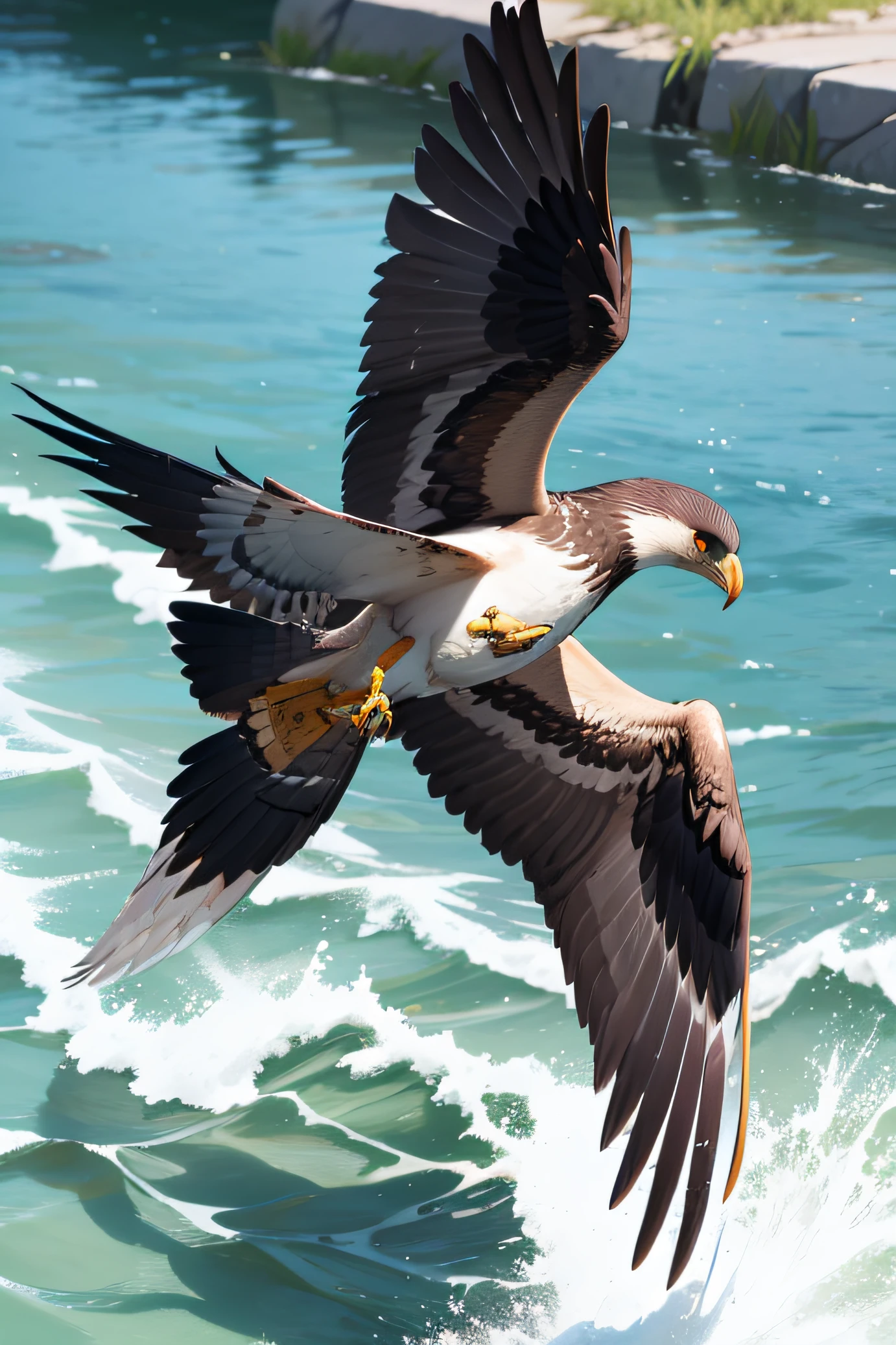 Hawk flying under a river with a fish in its beak