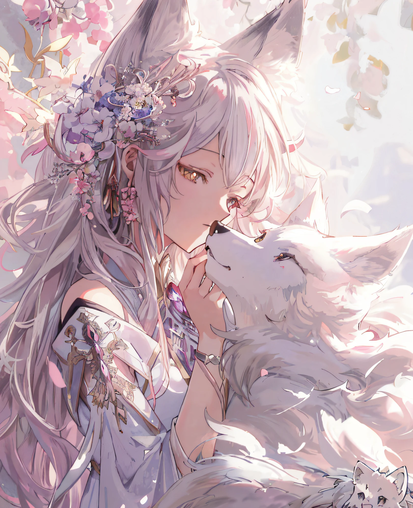 Anime girl with long-haired white wolf in her arms, beautiful fantasy anime, Beautiful anime, Anime art wallpaper 4 K, Anime art wallpaper 4k, Beautiful anime artwork, Anime art wallpaper 8 K, Beautiful anime art, ethereal anime, Anime fantasy illustration, beautiful anime catgirl, a beautiful anime portrait, Holo is a wolf girl, Anime wallpaper 4K