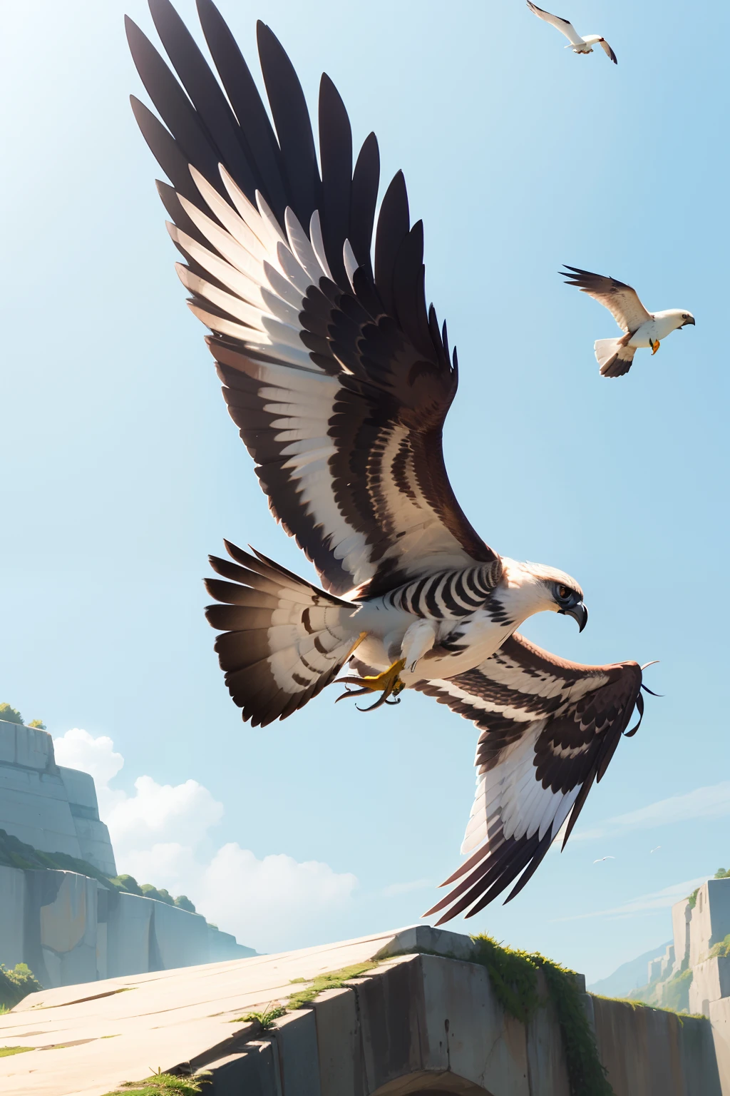 Hawk flying under a river with a fish in its beak