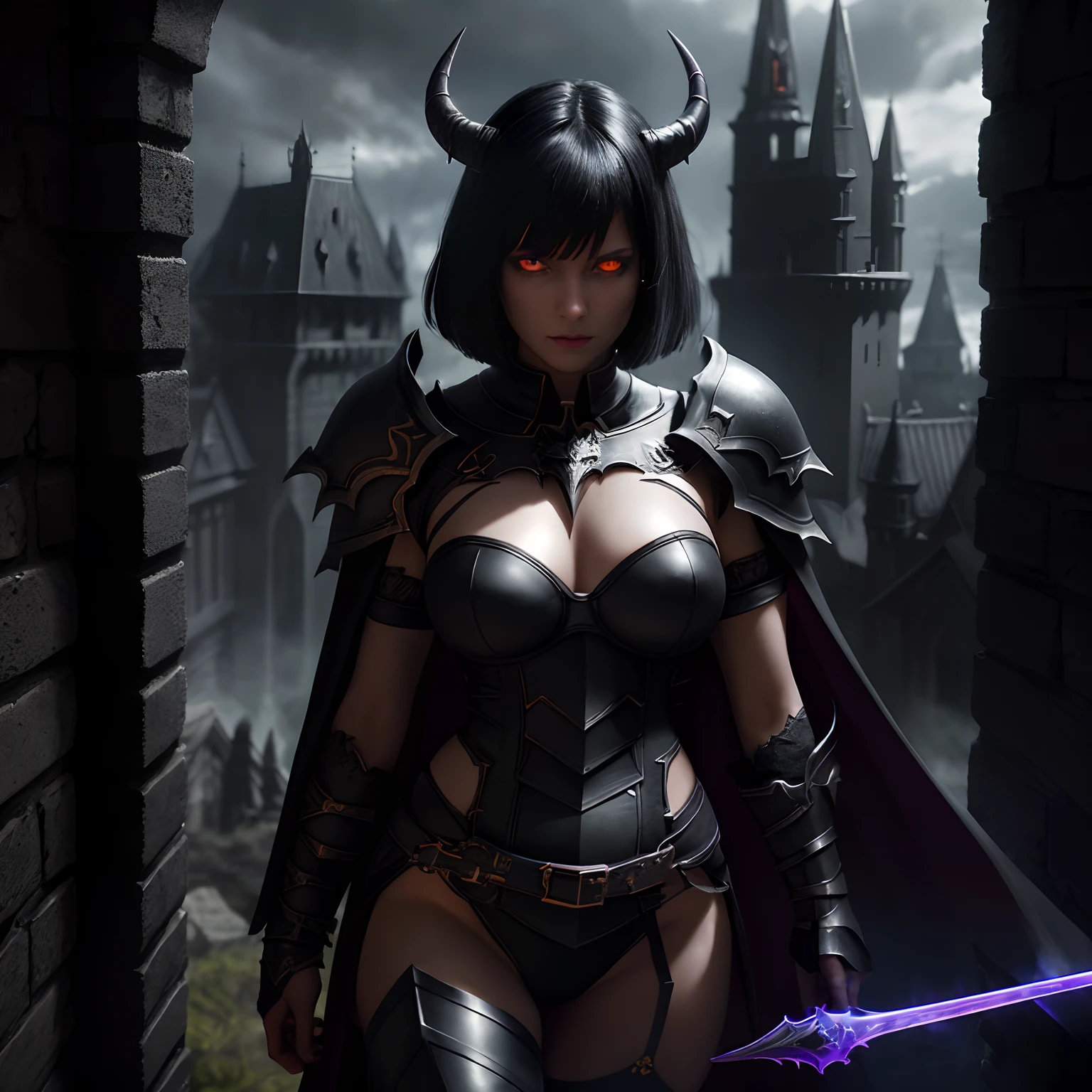 high angle, from up, dark paladin templar lady muscular in black tabard, legwear, glowing red eyes, collar, purple chainmail, wide hips, barefoot, one demon wing, pauldrons, horn, bob cut, black hair, eye focus, torn dark cape, castle outdoors, decorations, orange glass windows, night, particles, chromatic aberration, detailed, cinematic, dark scene, fantasy