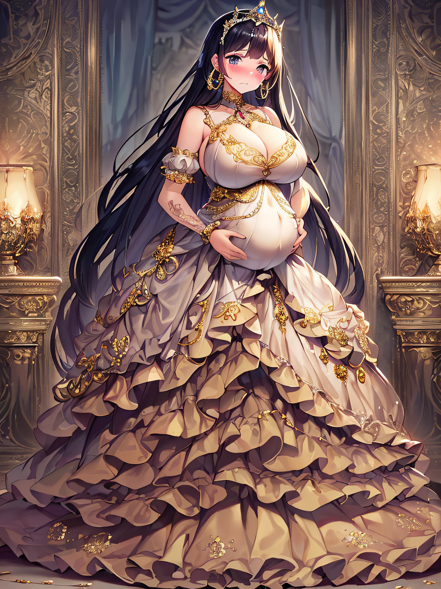 ((anime artstyle)),(Masterpiece),(Best Quality), (Super Detail),((Very Delicate and Beautiful)),(((Solo))),((full body)),(((1 bling-bling pregnant princess in beautiful embroidery and jeweled gorgeous rococo ball gown dress with voluminous full length hoop skirt))),(((heavily pregnant))),very big pregnant belly,((bling-bling)),Long train,(bling-bling gorgeous gemstone jewelry),detailed face and eyes,jewel-like eyes,cry,((embarrassed)),((large amount of straight hair,extremely voluminous Very Long Hair,Very Long Straight Hair)),(((gigantic tits,Long tits))),cleavage,(gorgeousfull embroidery and lace),gorgeous corsage,See-through,extremely gorgeousfull hair ornament,((bling-bling extremely gorgeousfull jeweled tiara)),ornate ruffles,(hoop skirt,crinoline),((Dynamic Angle)),Looking at viewer,((full body)),((beautiful embroidery and jeweled extremely gorgeous rococo ball gown dress with voluminous full length hoop skirt))