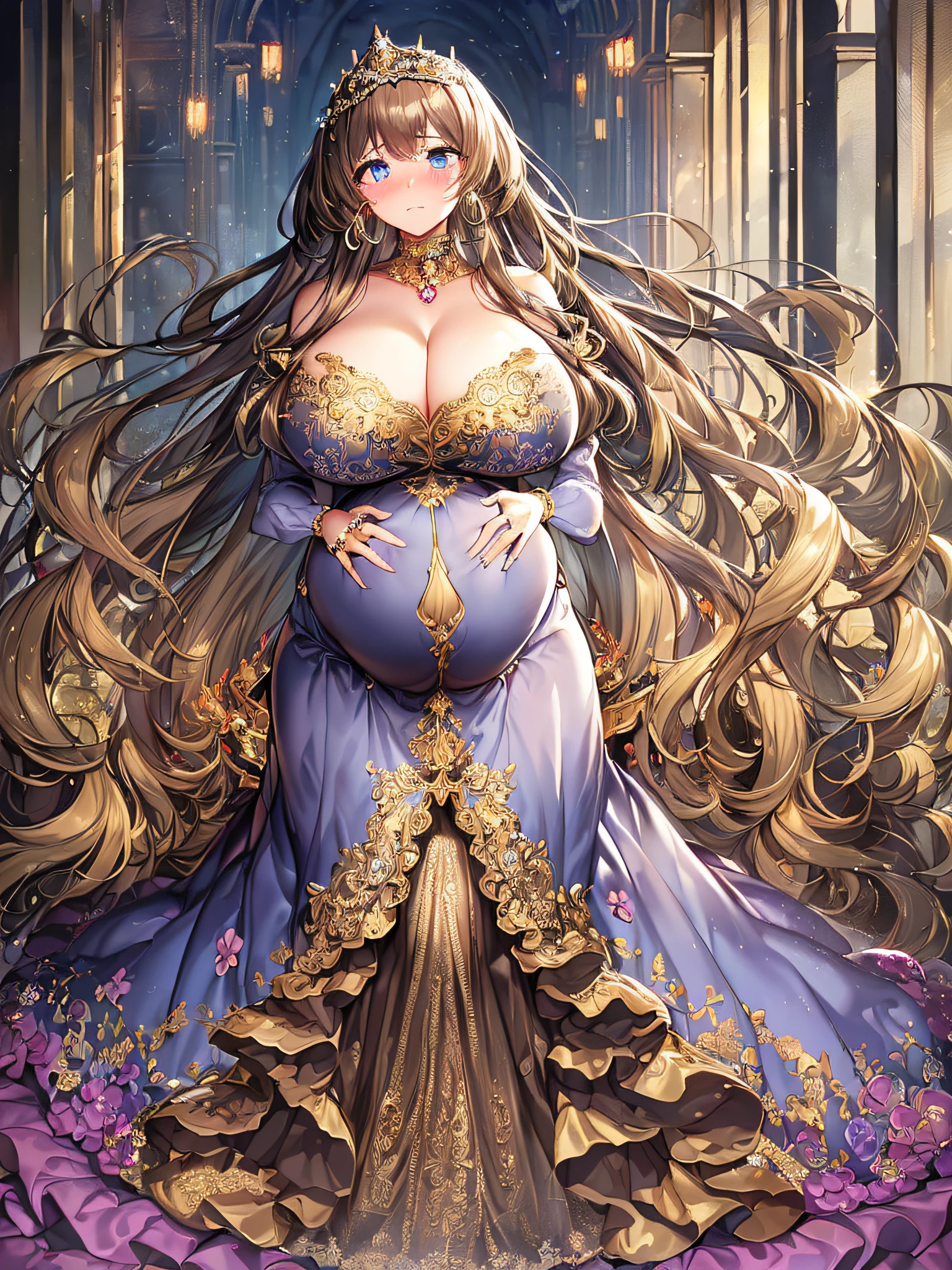 ((anime artstyle)),(Masterpiece),(Best Quality), (Super Detail),((Very Delicate and Beautiful)),(((Solo))),((full body)),(((1 bling-bling pregnant princess in beautiful embroidery and jeweled gorgeous rococo ball gown dress with voluminous full length hoop skirt))),(((heavily pregnant))),very big pregnant belly,((bling-bling)),Long train,(bling-bling gorgeous gemstone jewelry),detailed face and eyes,jewel-like eyes,cry,((embarrassed)),((large amount of straight hair,extremely voluminous Very Long Hair,Very Long Straight Hair)),(((gigantic tits,Long tits))),cleavage,(gorgeousfull embroidery and lace),gorgeous corsage,See-through,extremely gorgeousfull hair ornament,((bling-bling extremely gorgeousfull jeweled tiara)),ornate ruffles,(hoop skirt,crinoline),((Dynamic Angle)),Looking at viewer,((full body)),((beautiful embroidery and jeweled extremely gorgeous rococo ball gown dress with voluminous full length hoop skirt))