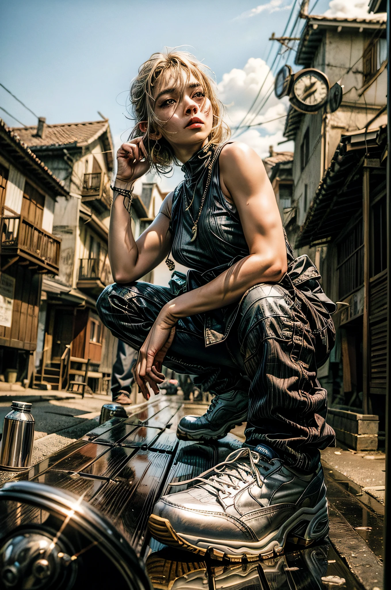 A girl half-squats on the side of the village road