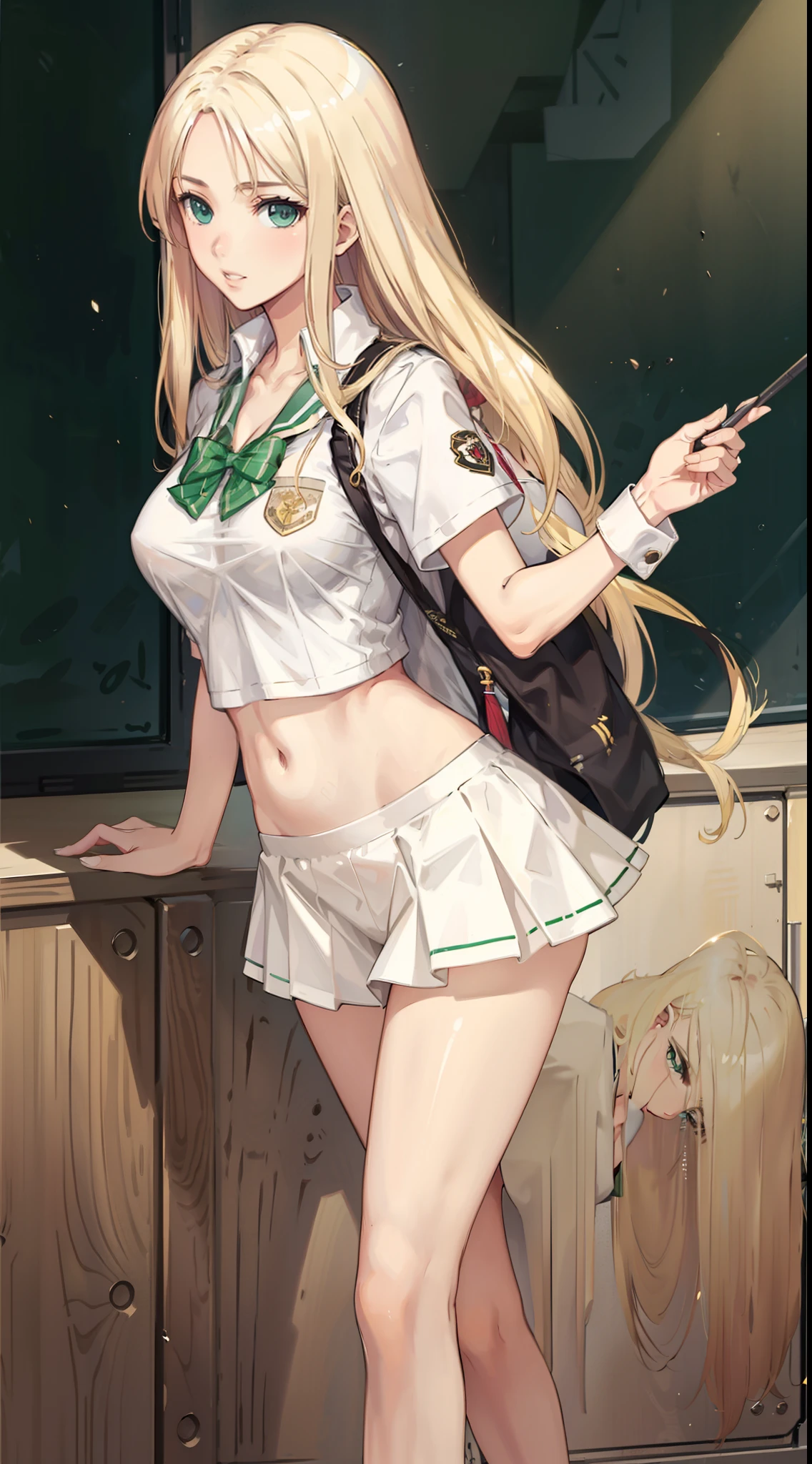 blonde hair, long hair, green eyes, happy, school uniform, short skirt, medium breast, cleavage, classroom, slim legs, navel, open clothes