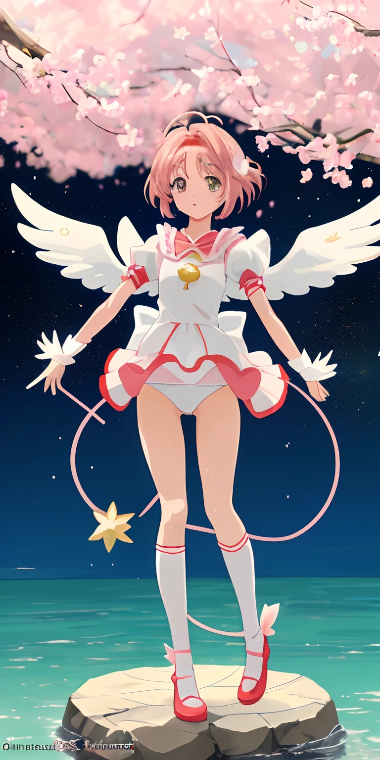 (Anime: Sakura Card Captor), (personagem: Sakura Kinomoto), white swimsuit, standing on her feet, segurando uma carta, 4k, (Alta qualidade), (alta resolução),