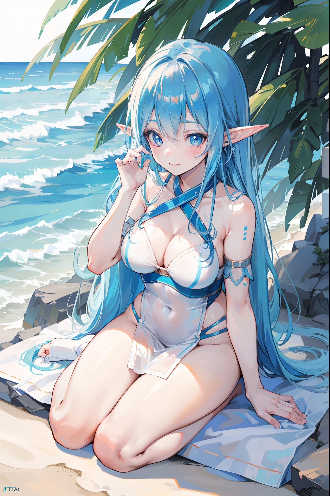 woman with blue hair, ((elf ears)), smiling, blush, long hair, (white swimsuit), (extremely detailed face), sun shining, realistic lighting, full body, (looking into camera), (realistic camera angle), on beach, sitting on towel, leaning towards camera, (((masterpiece))), (((ultra high quality, 8k)))