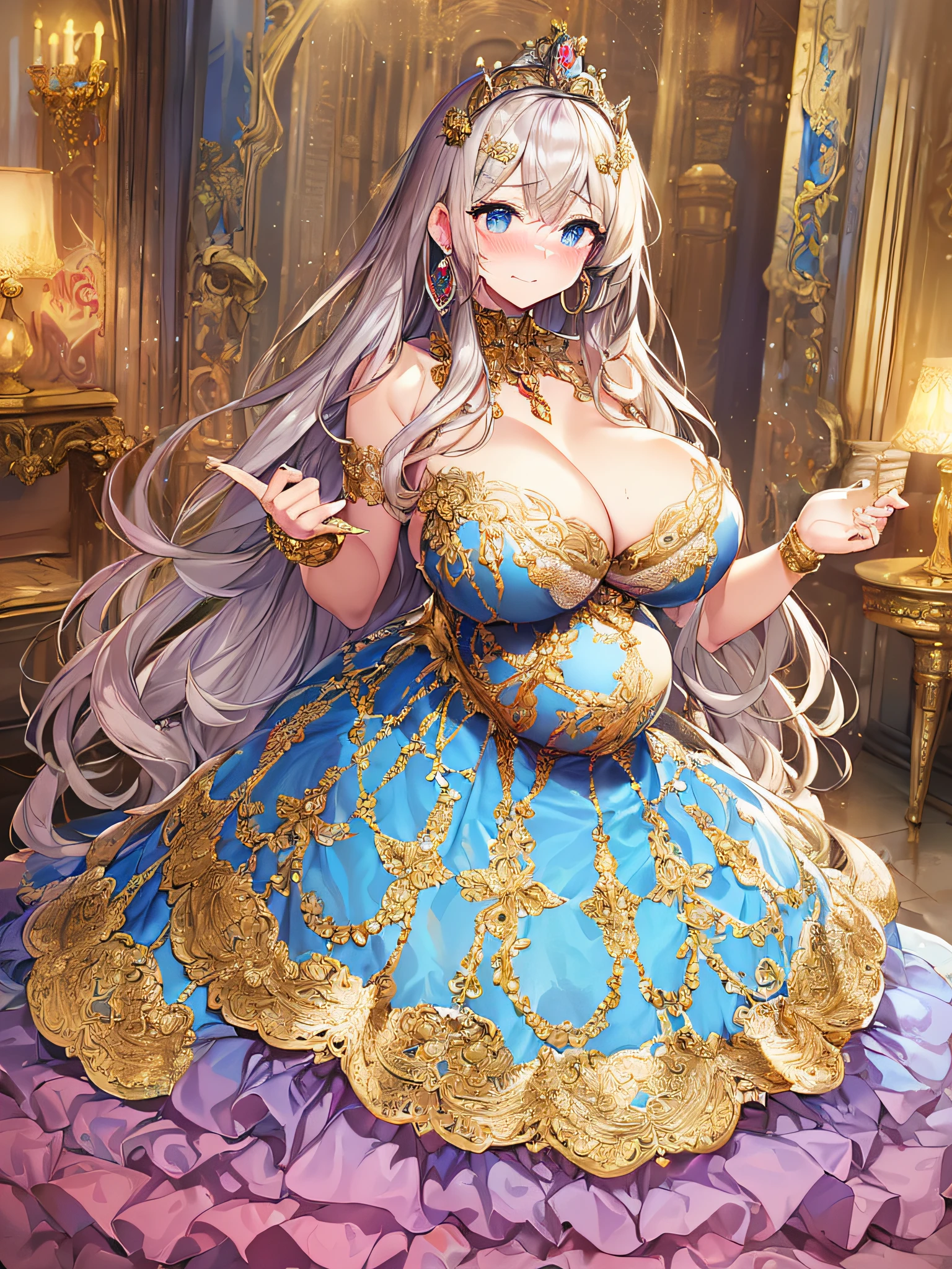 ((anime artstyle)),(Masterpiece),(Best Quality), (Super Detail),((Very Delicate and Beautiful)),(((Solo))),((full body)),(((1 bling-bling pregnant princess in beautiful embroidery and jeweled gorgeous rococo ball gown dress with voluminous full length hoop skirt))),(((heavily pregnant))),very big pregnant belly,((bling-bling)),Long train,(bling-bling gorgeous gemstone jewelry),detailed face and eyes,jewel-like eyes,cry,((embarrassed)),((large amount of straight hair,extremely voluminous Very Long Hair,Very Long Straight Hair)),(((gigantic tits,Long tits))),cleavage,(gorgeousfull embroidery and lace),gorgeous corsage,See-through,extremely gorgeousfull hair ornament,((bling-bling extremely gorgeousfull jeweled tiara)),ornate ruffles,(hoop skirt,crinoline),((Dynamic Angle)),Looking at viewer,((full body)),((beautiful embroidery and jeweled extremely gorgeous rococo ball gown dress with voluminous full length hoop skirt))