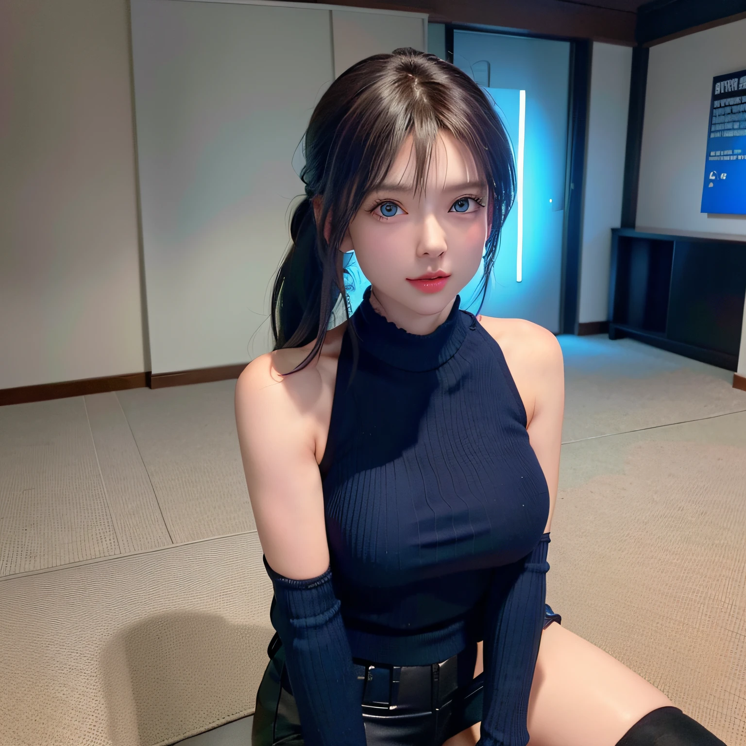 (8k, RAW photo, best quality, mastery:1.2), (realistic, photo-realistic:1.37),1 girl,cute,blue eyes, (solo),full-body portraits，Detailed ponytail，dramatic angles，office room，looking at viewert，pov ,cyber punk perssonage,