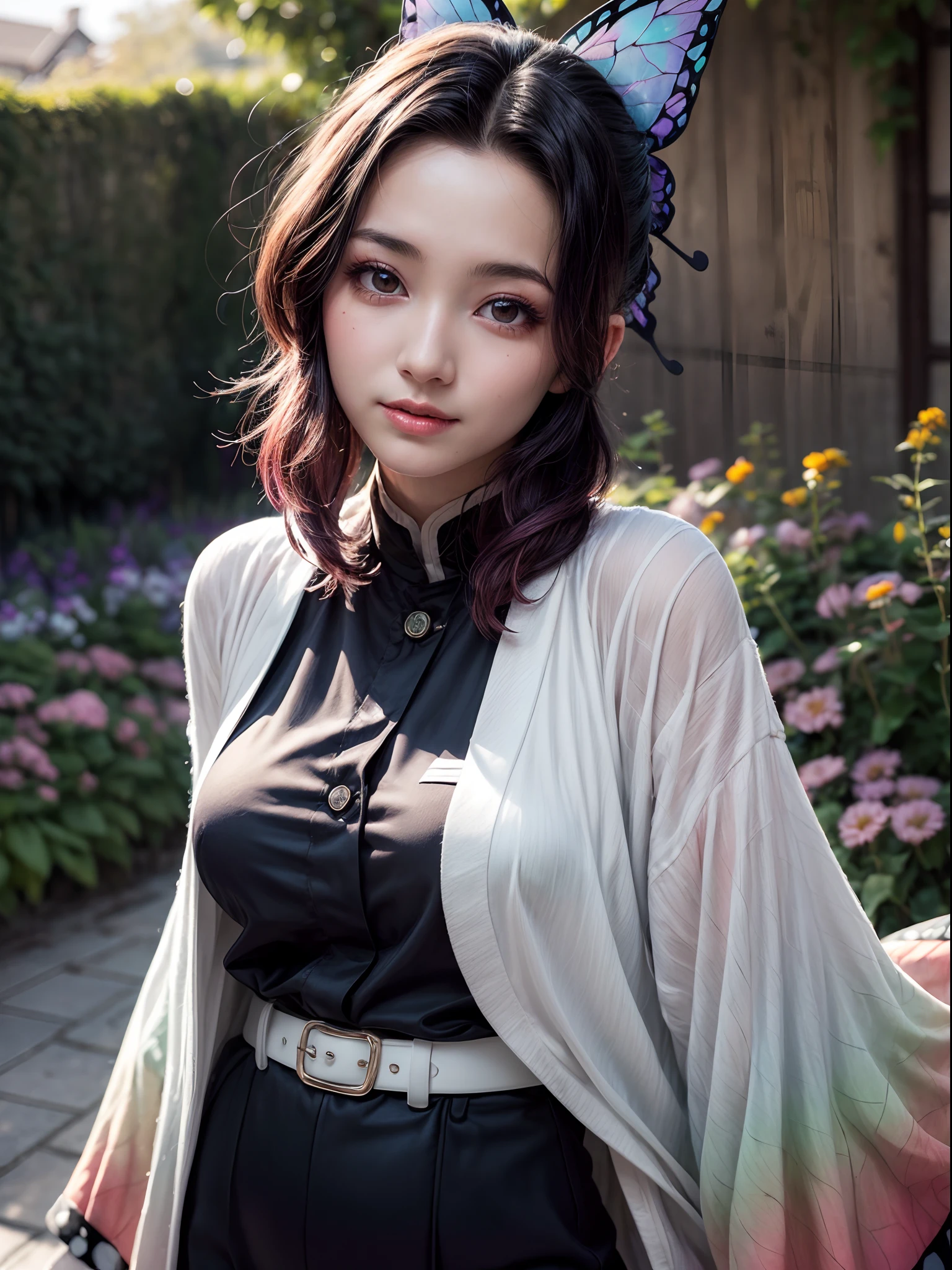 (masterpiece, best quality:1.4), (standing:1.2), (dynamic angle), 1girl, solo, (european youth:1), kochou shinobu, multicolored hair, no bangs, hair intakes, purple eyes, forehead, black shirt,vblack pants, haori, butterfly, buttons, belt, (Garden:1.2), purple flower, looking at viewer, sexy smile, beautiful face, highly detailed face, highly detailed skin, skin pores, subsurface scattering, realistic pupils, medium breast, full face blush, full lips, detailed background, depth of field, volumetric lighting, sharp focus, absurdres, realistic proportions, good anatomy, (realistic, hyperrealistic:1.4), 16k hdr,
