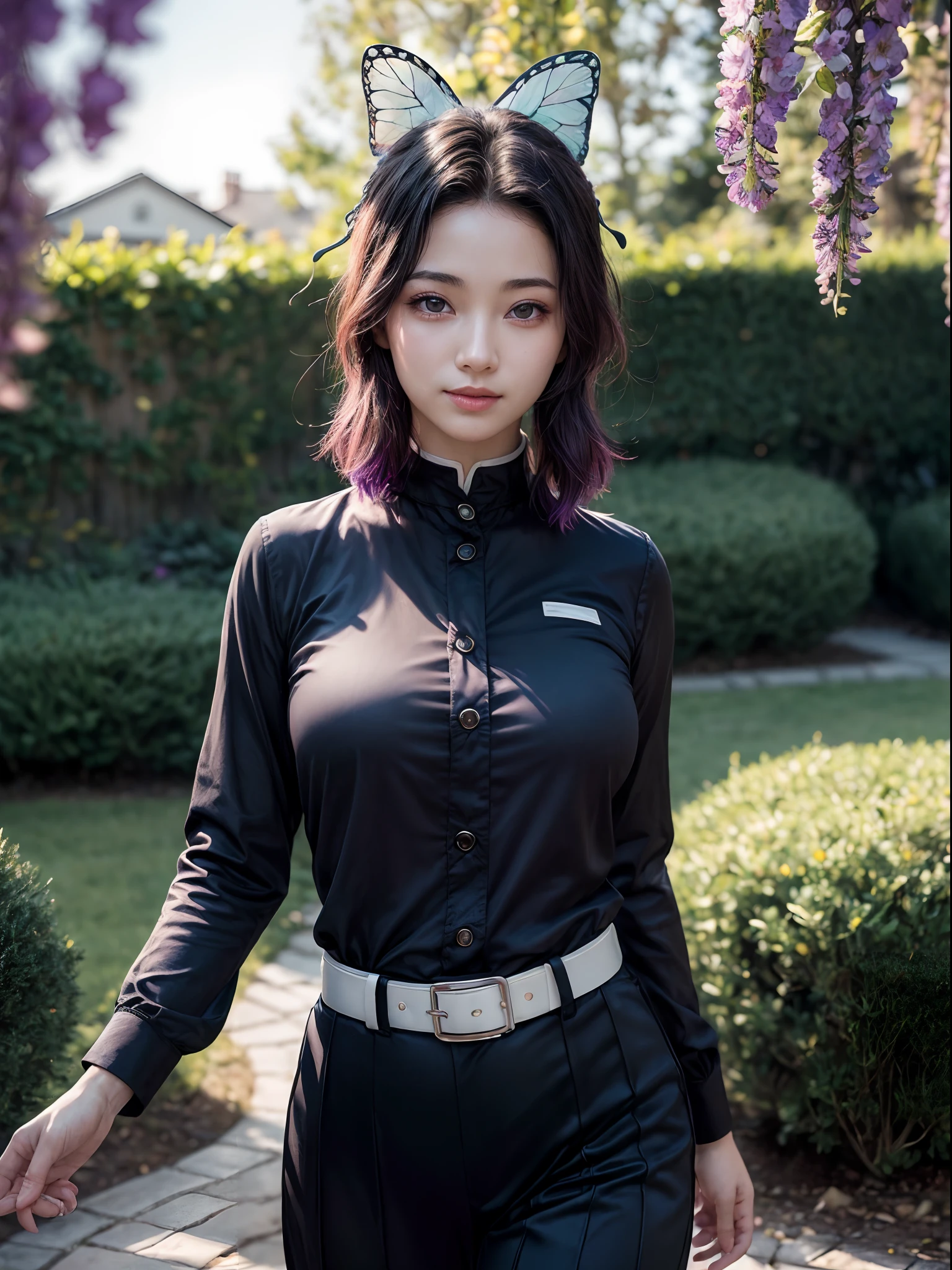 (masterpiece, best quality:1.4), (standing:1.2), (dynamic angle), 1girl, solo, (european youth:1), kochou shinobu, multicolored hair, no bangs, hair intakes, purple eyes, forehead, black shirt,vblack pants, haori, butterfly, buttons, belt, (Garden:1.2), purple flower, looking at viewer, sexy smile, beautiful face, highly detailed face, highly detailed skin, skin pores, subsurface scattering, realistic pupils, medium breast, full face blush, full lips, detailed background, depth of field, volumetric lighting, sharp focus, absurdres, realistic proportions, good anatomy, (realistic, hyperrealistic:1.4), 16k hdr,