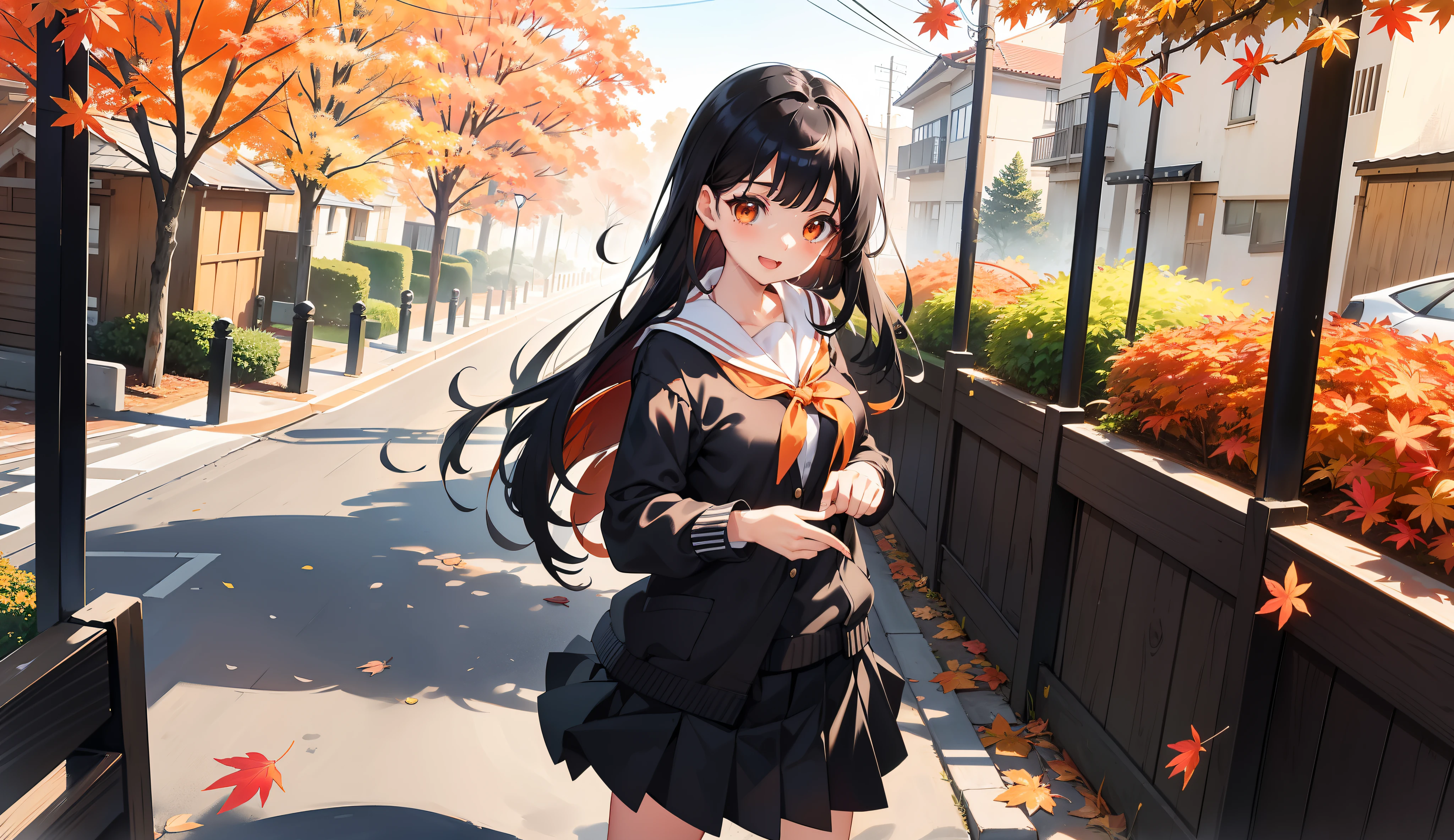 (:D:1.2),One girl. (masutepiece, of the highest quality, Kyoto animation style illustration, of the highest quality, offcial art, Aesthetics, Beautiful details, :1. 2), Break, (17 years old girl), Very detailed, Extremely colorful, highest details, Break, (Medium breasts),(Orange eyes:1.2),(Girl, Cute, Graceful, Black hair,long whitr hair，tareme, glistning skin, (Sailor suit style, Short suit skirt,Black cardigan:1.1), black high-socks，Break,waving hands,Stand expressionless,(Keep one's mouth shut),Open legs,From the angle from below,The skirt flips in the wind,Visible with panties,fall season，Maple leaves：1.1，Streets full of fallen leaves,