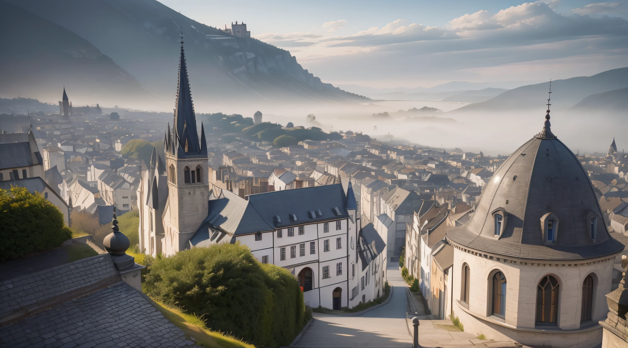 Exquisite architecture and landscape，Close up view from the street side，Delicate lighting，Slate streets，White houses and city walls，The lighting is soft，Sense of religion，chies，in the afternoon，Neat city，Medieval European city，delicated，Excellent resolution，Medieval Western fantasy city，mistic，Solemn，serious，Cold