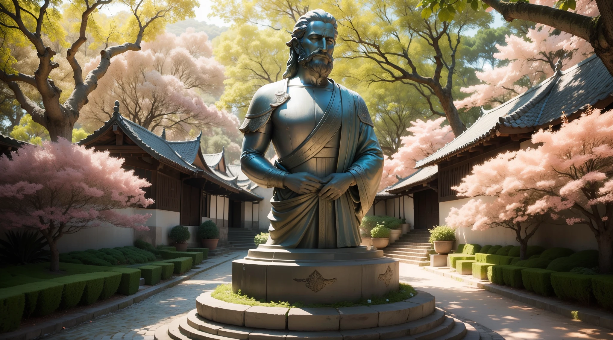 Jardim Ancestral Banhado pelo Nascer do Sol, Um antigo jardim sereno com fileiras de cerejeiras em flor, a suavidade dos tons do nascer do sol derramando-se sobre as paisagens, the camera rotating slowly, revealing the sculpted bust of the philosopher Zenon De Scythia, fotografia, Mola 35mm, abertura