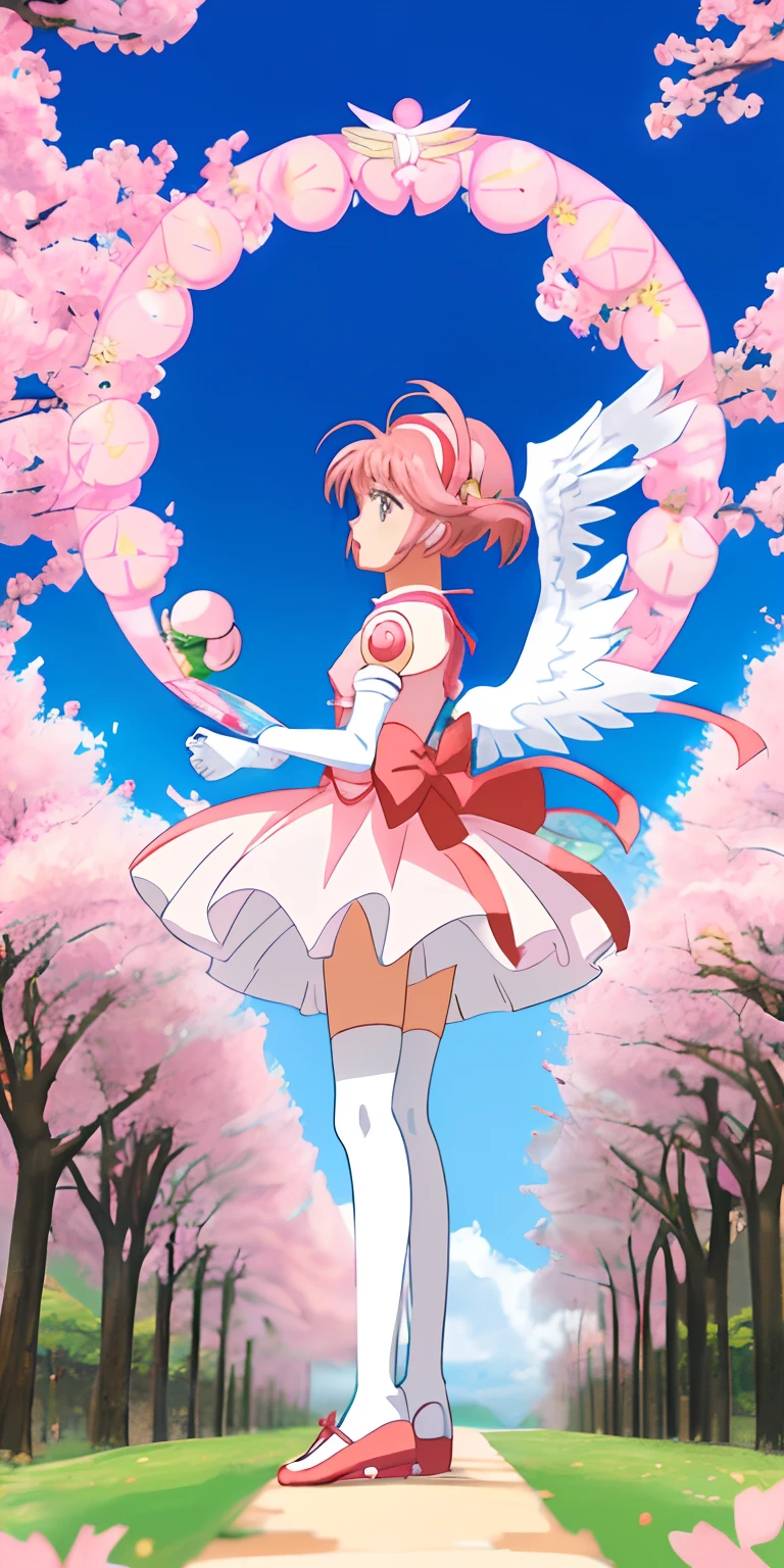 (Anime: Sakura Card Captor), (personagem: Sakura Kinomoto), white swimsuit, standing on her feet, segurando uma carta, 4k, (Alta qualidade), (alta resolução),