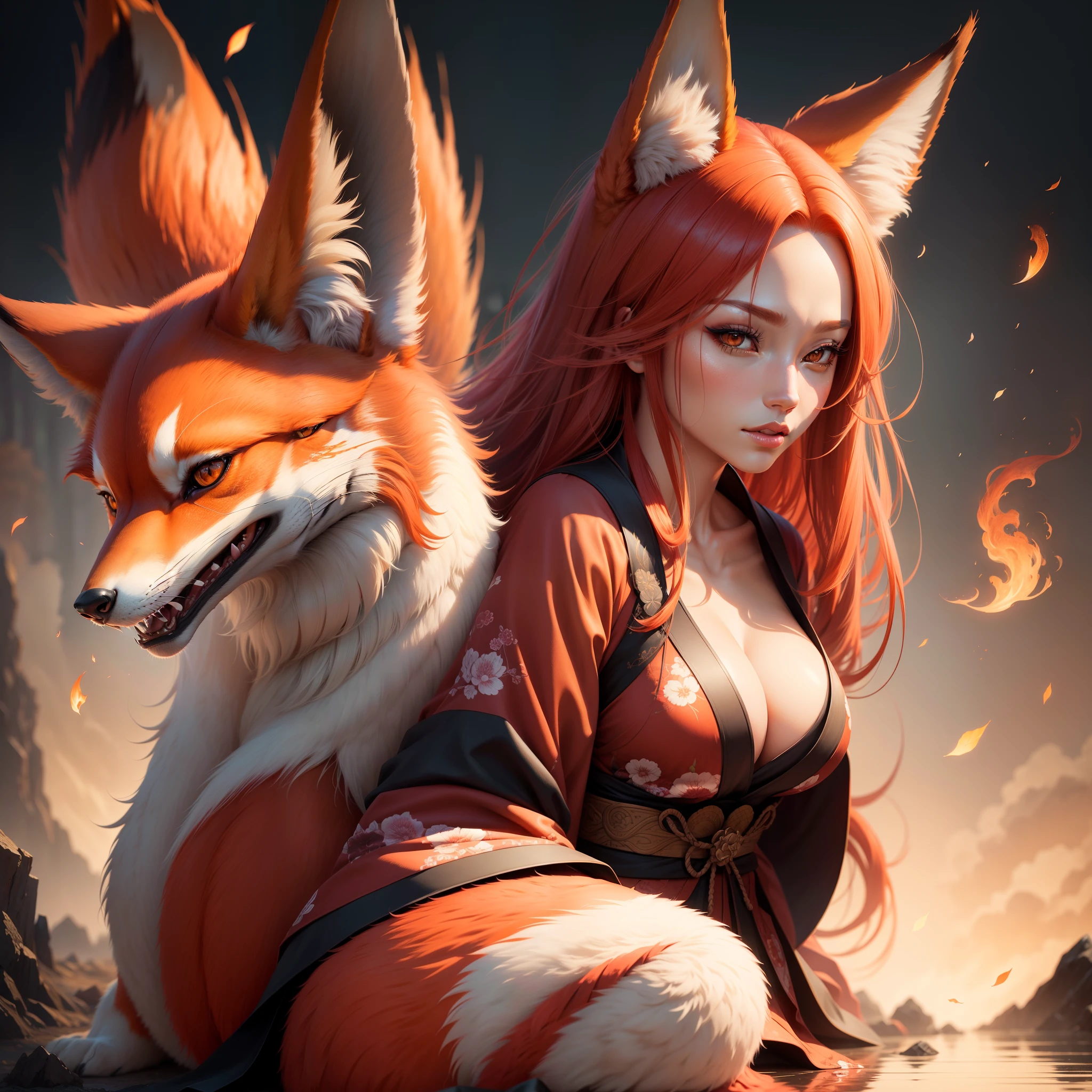 Stunning high-quality image about Kitsune the beautiful human red fox female from japanese mythology, hyper realistic, hyper detailed, hyper resolution, masterpiece