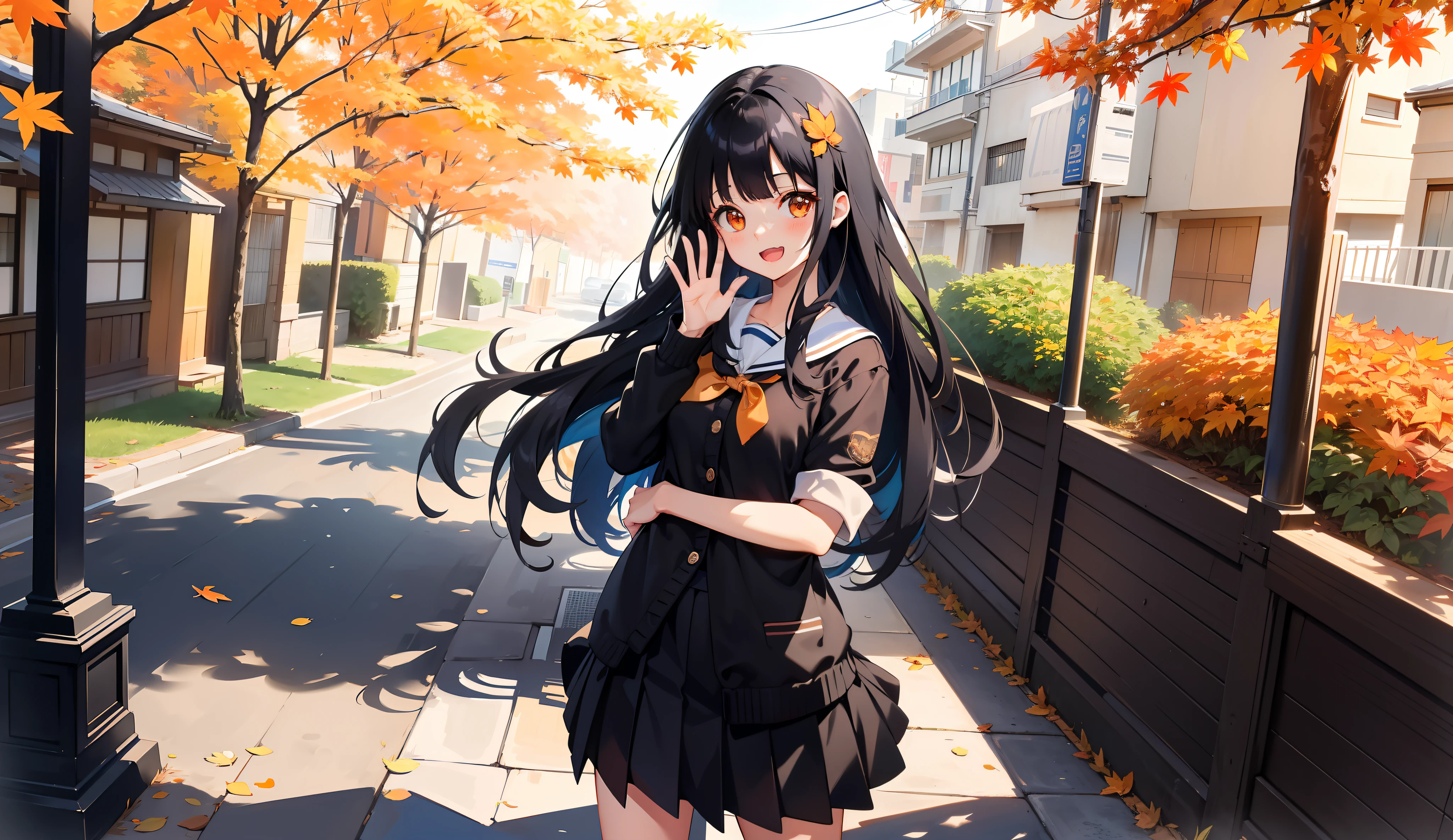 (:D:1.2),One girl. (masutepiece, of the highest quality, Kyoto animation style illustration, of the highest quality, offcial art, Aesthetics, Beautiful details, :1. 2), Break, (17 years old girl), Very detailed, Extremely colorful, highest details, Break, (Medium breasts),(Orange eyes:1.2),(Girl, Cute, Graceful, Black hair,long whitr hair,tareme, glistning skin, (Sailor suit style, Short suit skirt,Black cardigan:1.1), black high-socks,Break,waving hands,Stand expressionless,(Keep one's mouth shut),Open legs,From the angle from below,The skirt flips in the wind,Visible with panties,fall season,Maple leaves:1.1,Streets full of fallen leaves,