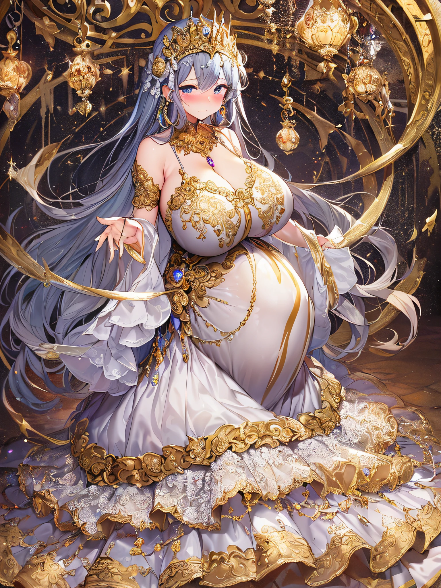 ((anime artstyle)),(Masterpiece),(Best Quality), (Super Detail),((Very Delicate and Beautiful)),(((Solo))),((full body)),(((1 bling-bling pregnant princess in beautiful embroidery and jeweled gorgeous rococo ball gown dress with voluminous full length hoop skirt))),(((heavily pregnant))),very big pregnant belly,((bling-bling)),Long train,(bling-bling gorgeous gemstone jewelry),detailed face and eyes,jewel-like eyes,cry,((embarrassed)),((large amount of straight hair,extremely voluminous Very Long Hair,Very Long Straight Hair)),(((gigantic tits,Long tits))),cleavage,(gorgeousfull embroidery and lace),gorgeous corsage,See-through,extremely gorgeousfull hair ornament,((bling-bling extremely gorgeousfull jeweled tiara)),ornate ruffles,(hoop skirt,crinoline),((Dynamic Angle)),Looking at viewer,((full body)),((beautiful embroidery and jeweled extremely gorgeous rococo ball gown dress with voluminous full length hoop skirt))