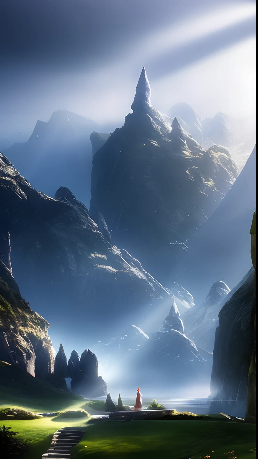 God rays, sharp focus, elven, elven architecture, elven city, royal city, stunning landscape, scenery, landscape, raining, dark fantasy, suspense