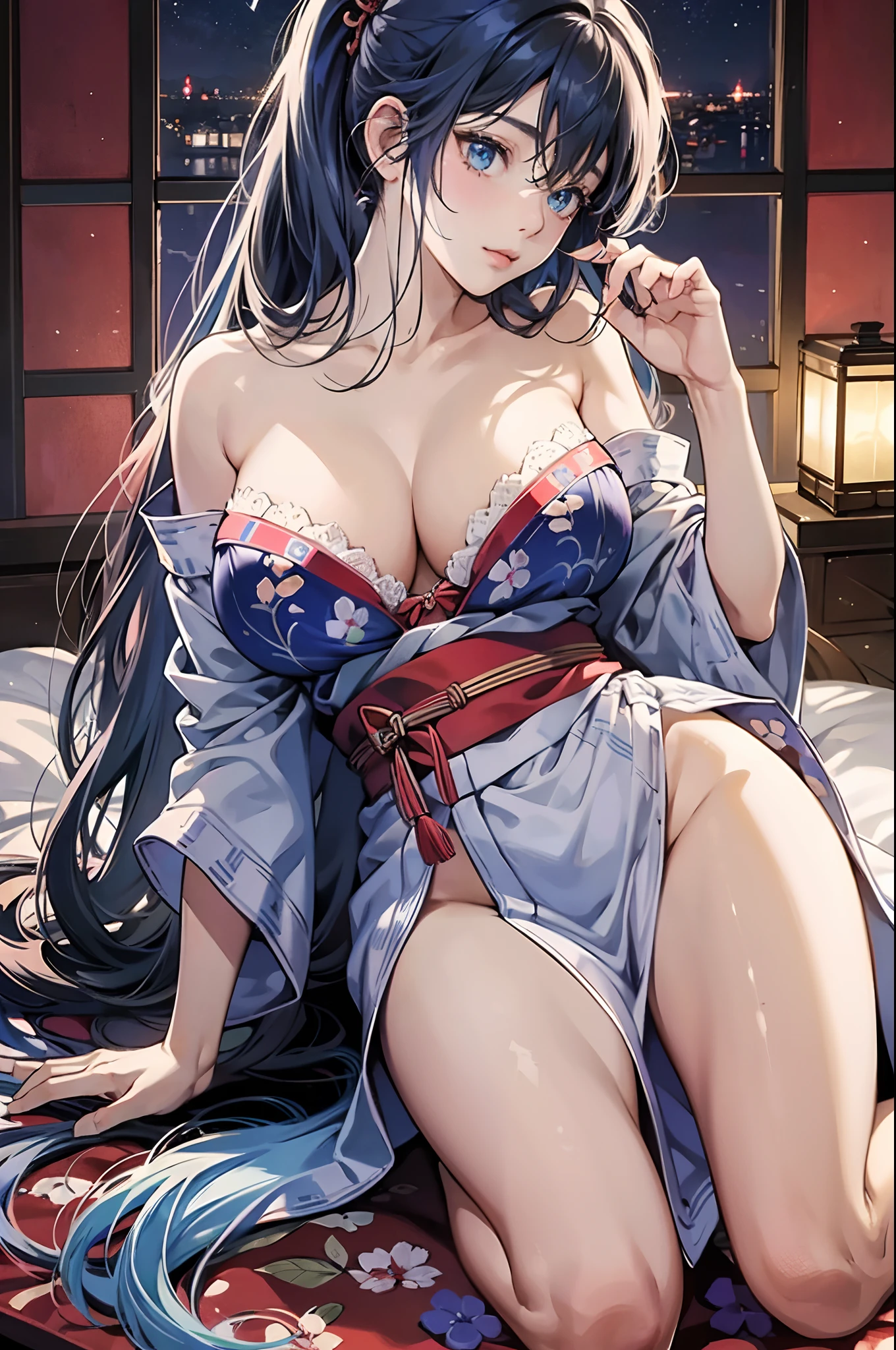 in 8K、top-quality、masutepiece、An ultra-high picture quality、ultra-detailliert、Ultra-realistic hair quality、anime illustrated、Ultra-realistic flesh feeling、full body Esbian、Bewitching look、Off-shoulder blue yukata、Beautuful Women、Beautiful long blue hair、poneyTail、Blue eyes、shinny skin、Very gigantic-breasts、Red lace bra with protruding chest、extremely big ass、The background is a Japanese-style room at night