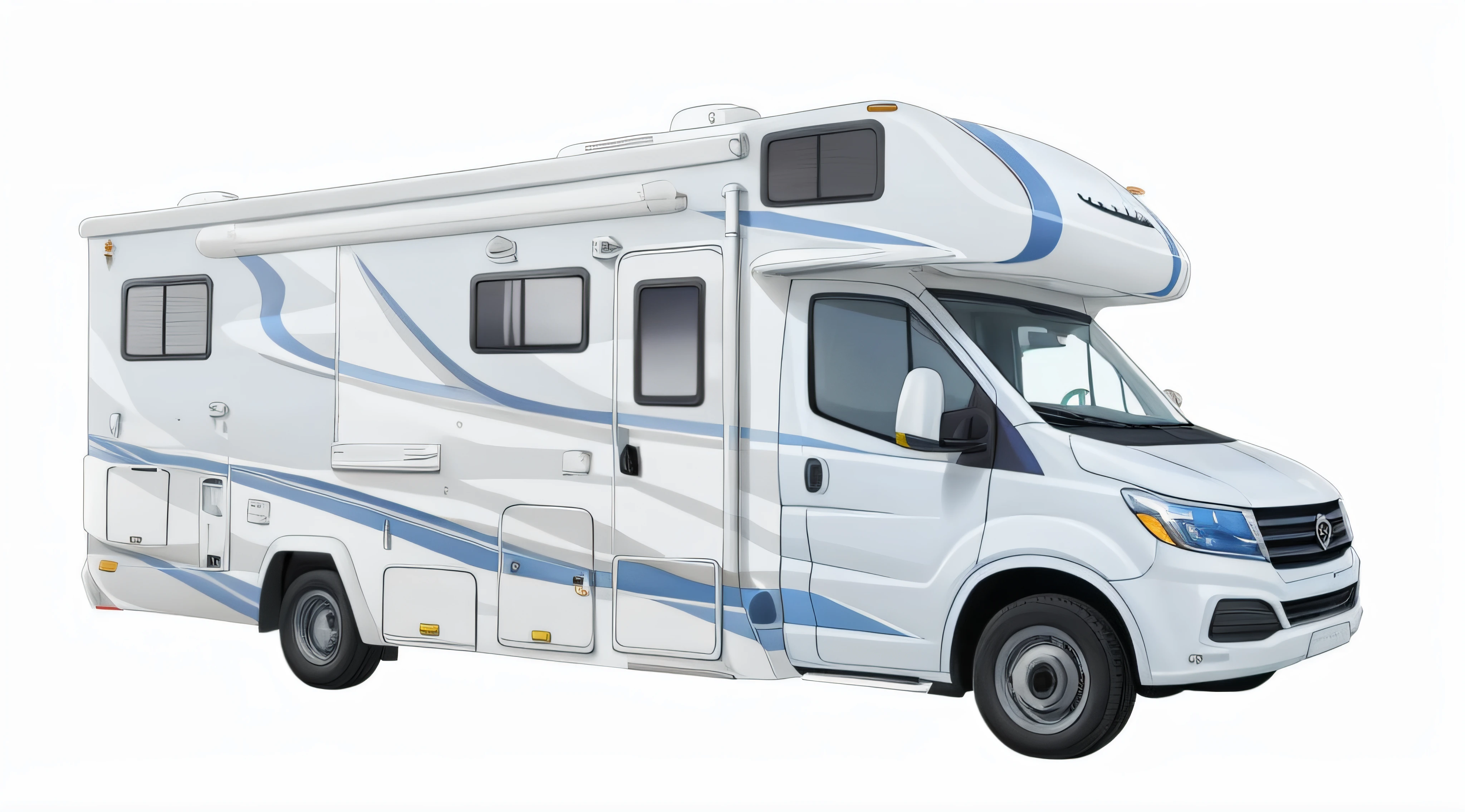 um close up de um motor home branco com uma faixa azul, RV, crisp smooth lines, aceso de lado, Tiro frontal, vista frontal lateral, Dispositivo completo, Tiro longo exterior, Tiro frontal, exterior grande angular 2022, 2018, 2 0 1 8, alpino, Riverside, caravana, vehicle, frontal angle, 2019