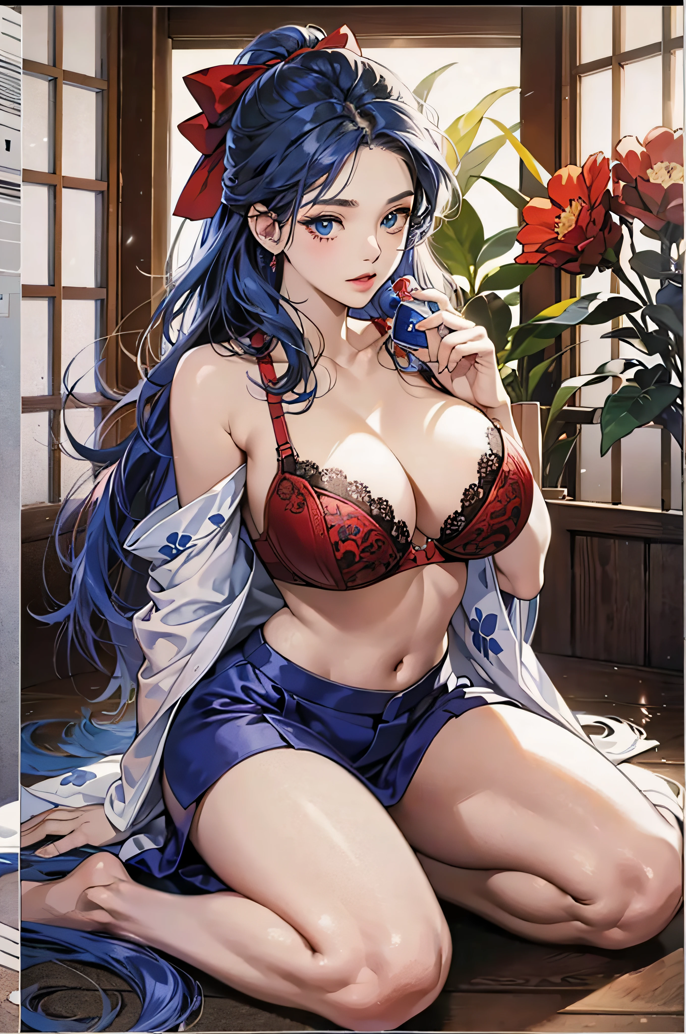 in 8K、top-quality、masutepiece、An ultra-high picture quality、ultra-detailliert、Ultra-realistic hair quality、anime illustrated、Ultra-realistic flesh feeling、full body Esbian、Bewitching look、Off-shoulder blue yukata、Beautuful Women、Beautiful long blue hair、poneyTail、Blue eyes、shinny skin、Very gigantic-breasts、Red lace bra with protruding chest、extremely big ass、The background is a Japanese-style room at night