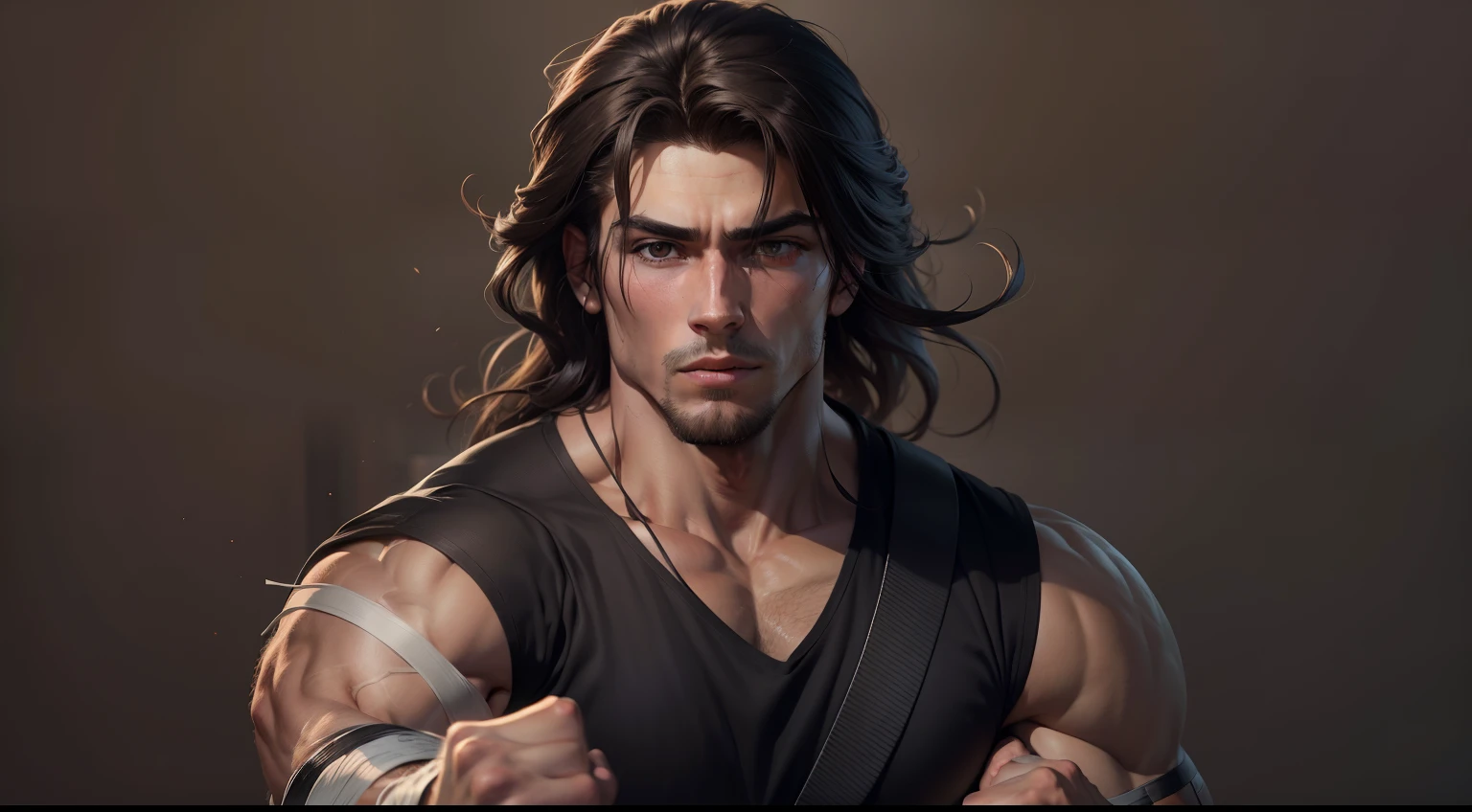 Realistic 8k image of a handsome, strong 23 year old man, long brown hair, extremely detailed brown eyes, dressed in a casual black shirt and with bandages on his arms, in a martial art combat stance