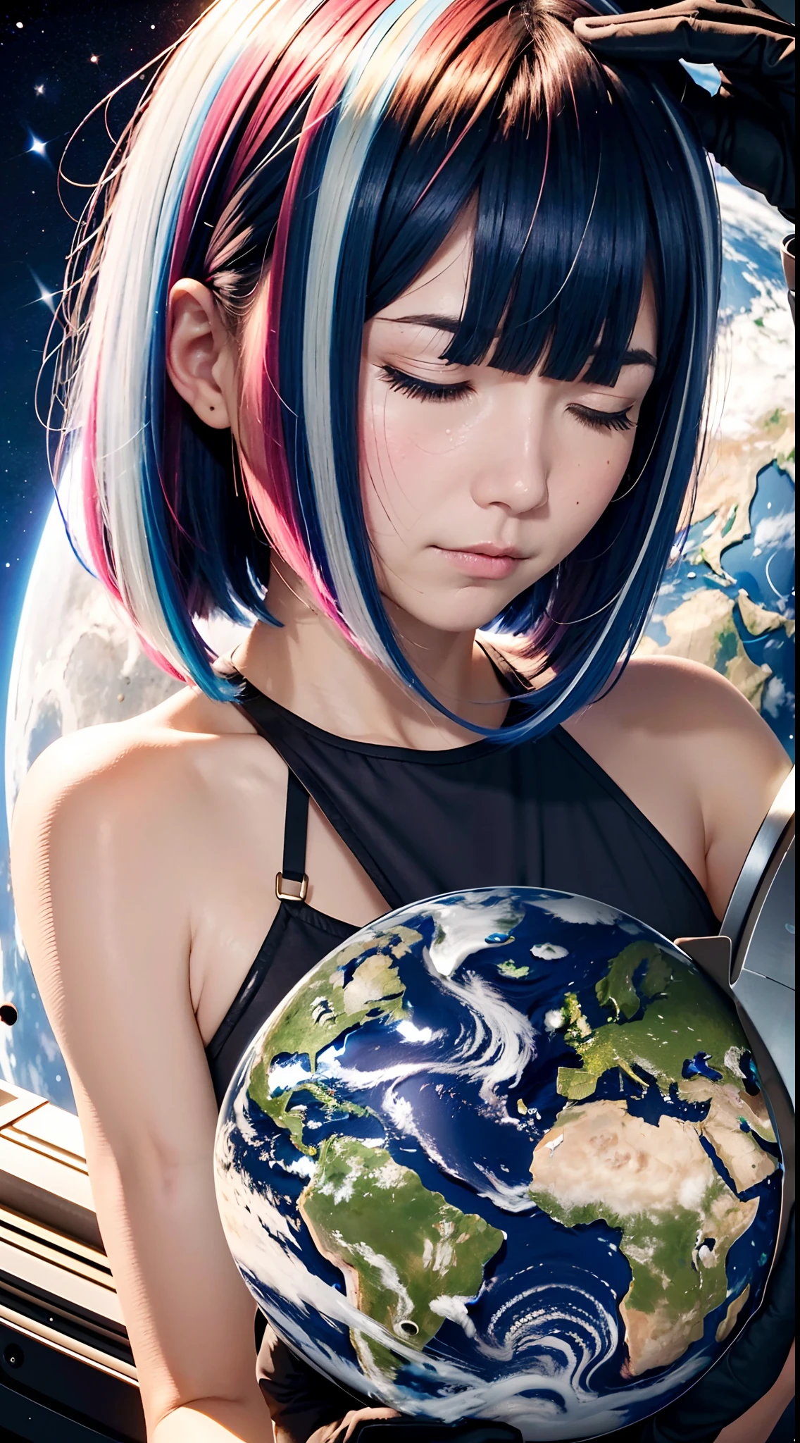 bob cut,sliver hair,multiple colored hair,sad,:<,closed eyes,((good face)),(masterpiece),ahoge,bangs,dynamic,solo,wide shot,gloves,flat chest,(ambient light ),the Earth at the upper part of image,empty-handed,solo,1girl,highres,crying,on the moon surface,outer space,,,