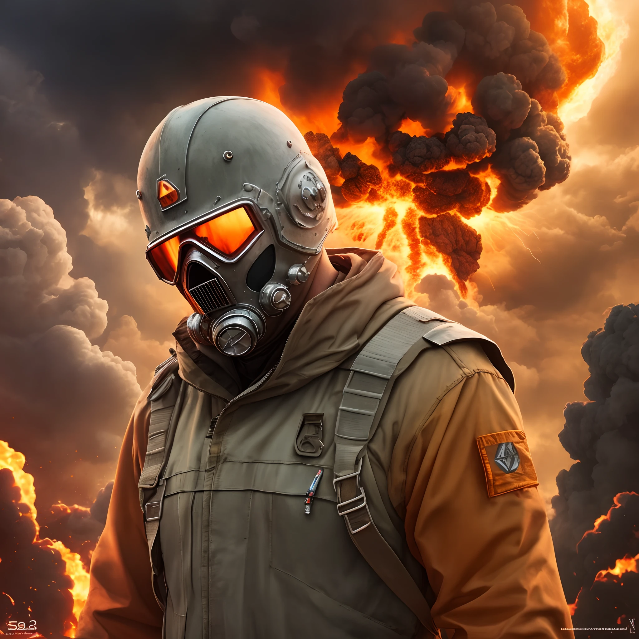 Apocalyptic ultra realistic photography of a man with nuclear professional mask and wear radioactive orange dress,  
in the background a dramatic nuclear explosion --auto --s2